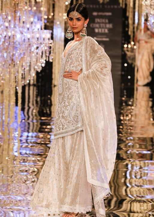 Ivory-Silver Tissue Sharara Set