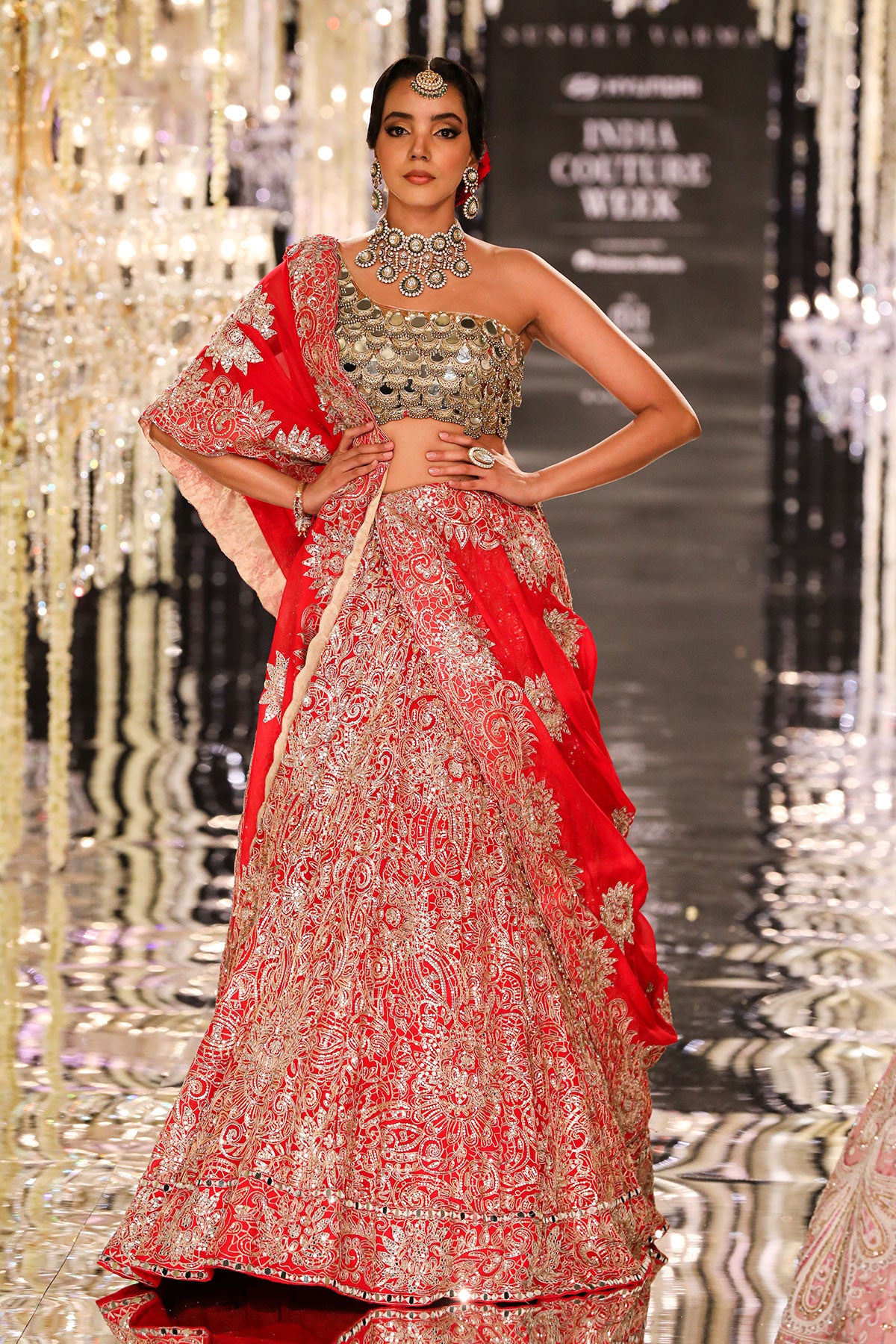 Red Aari & Mirror Embroidered Lehenga