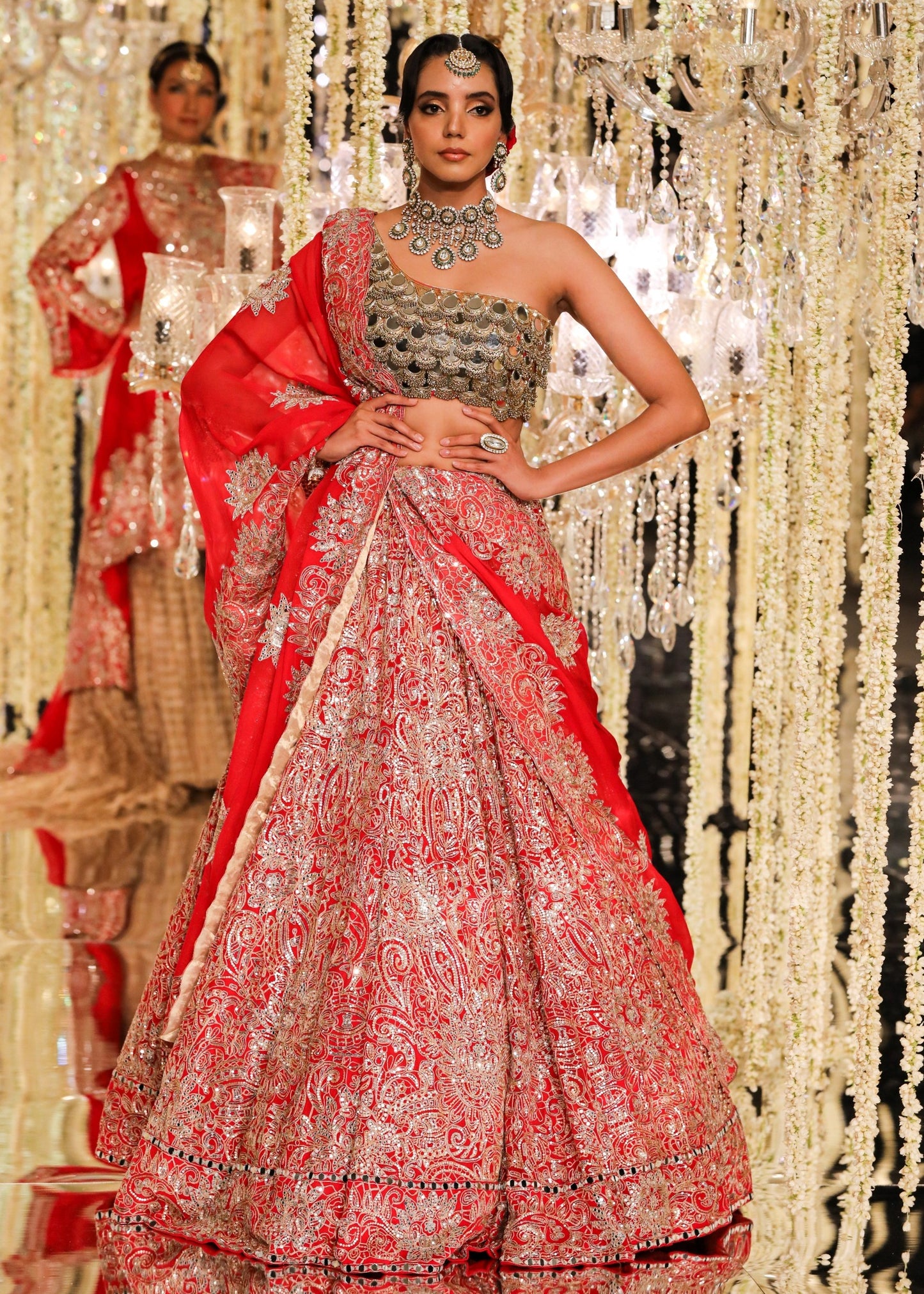 Red Aari & Mirror Embroidered Lehenga
