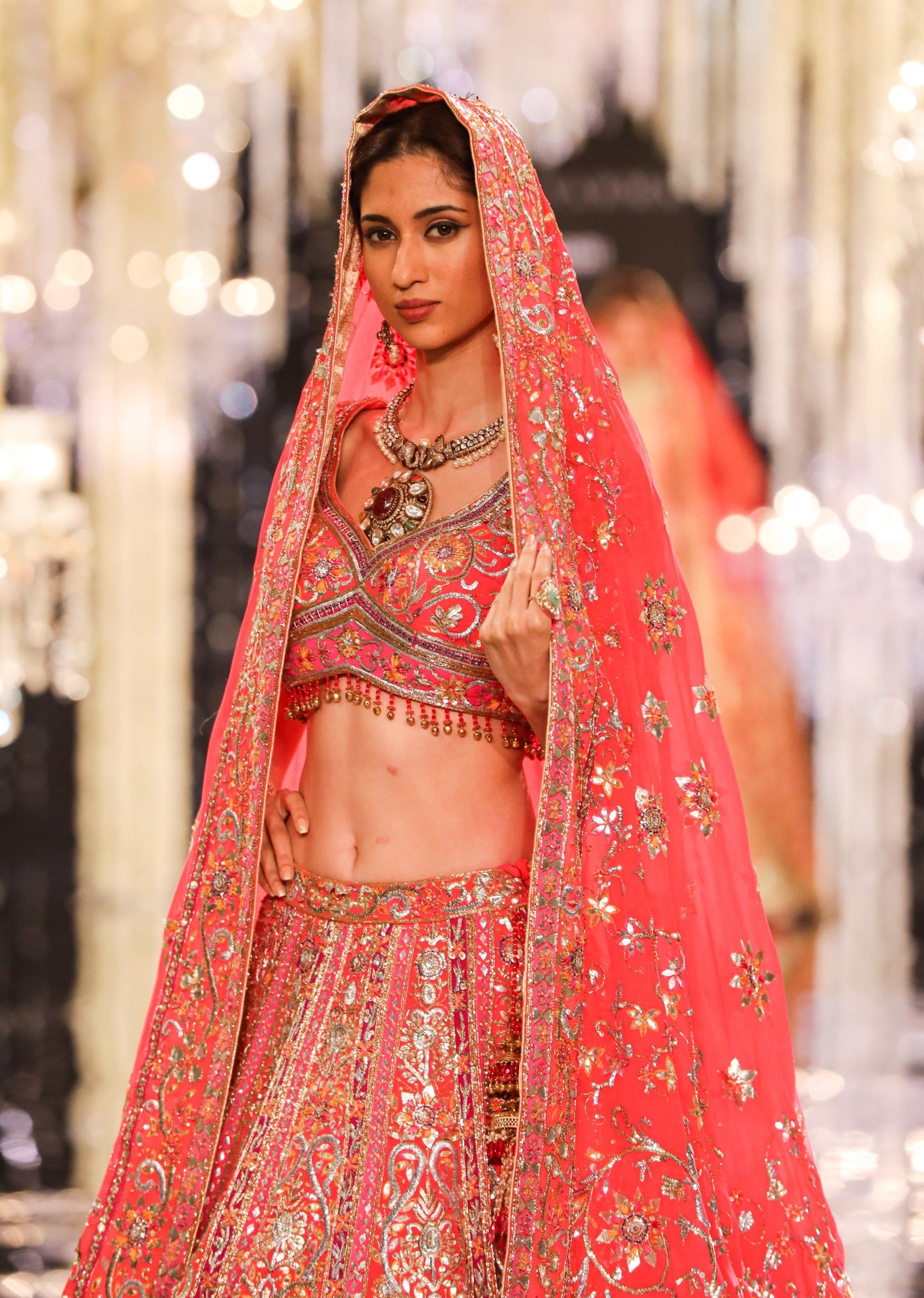 Coral Gota & Zari Embroidered Lehenga