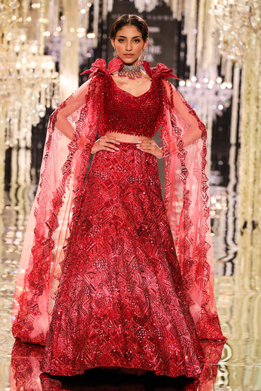 Burgundy Geometric Crystal Tulle Lehenga