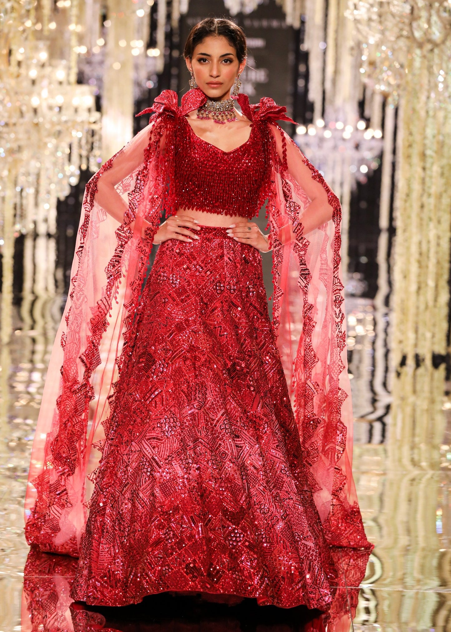 Burgundy Geometric Crystal Tulle Lehenga