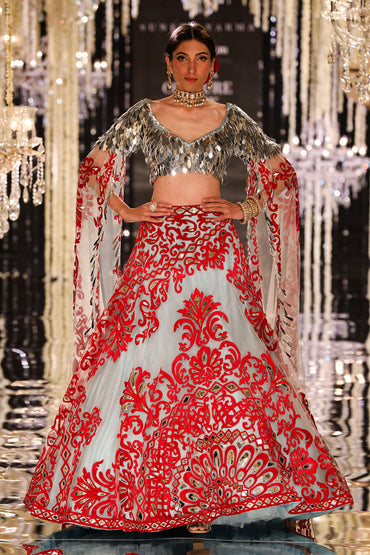 Ice-Blue Lehenga with Red and Silver Appliqué