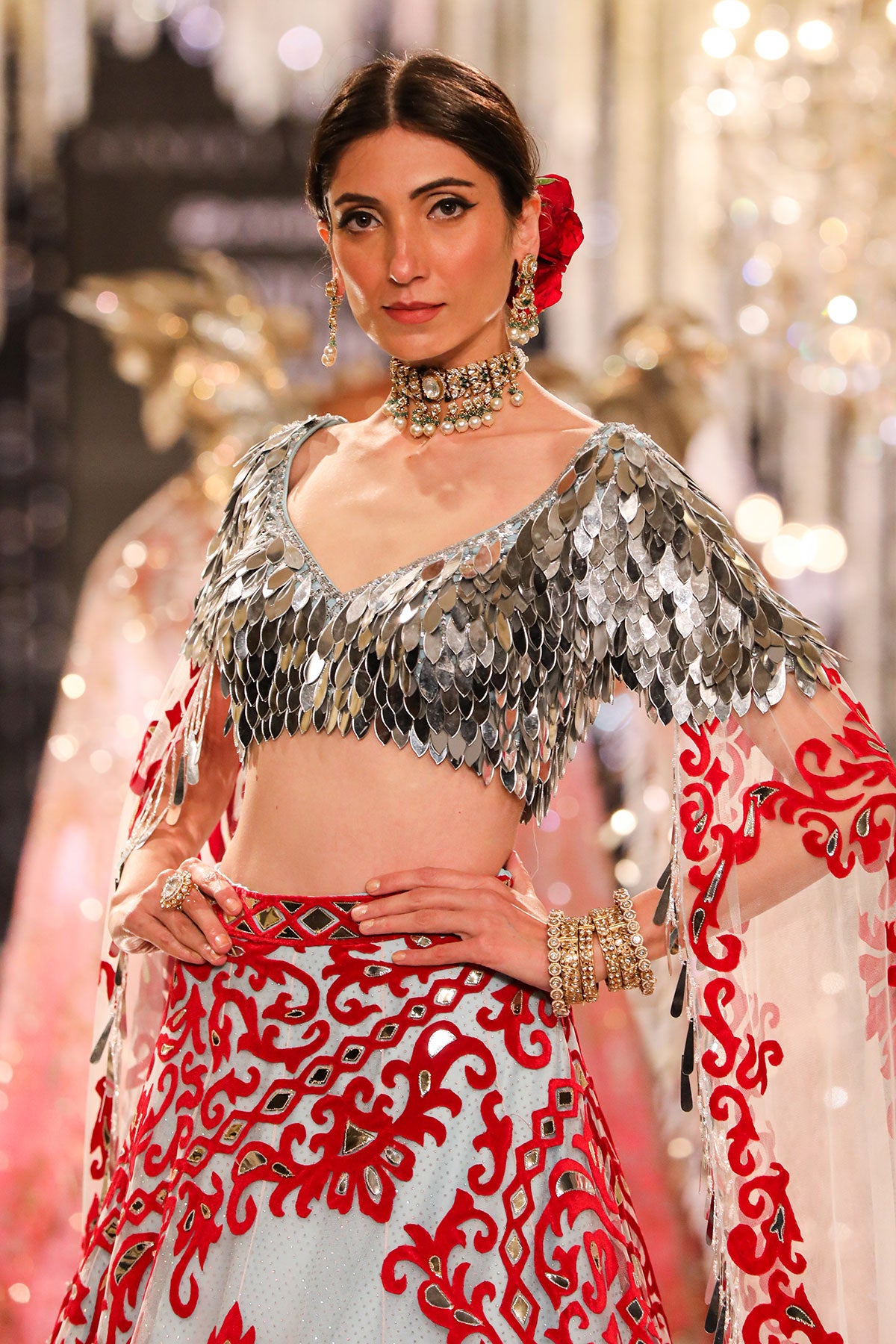 Ice-Blue Lehenga with Red and Silver Appliqué