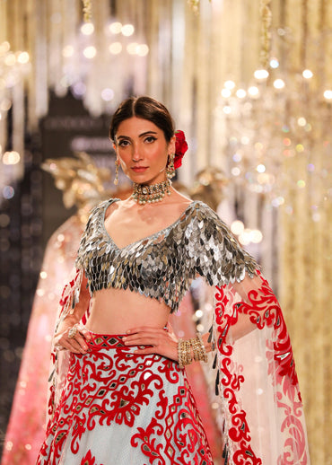 Ice-Blue Lehenga with Red and Silver Appliqué