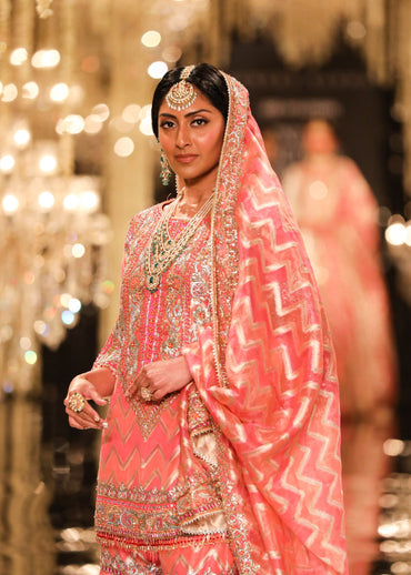 Coral Chevron Banarasi Kurta & Garara Set