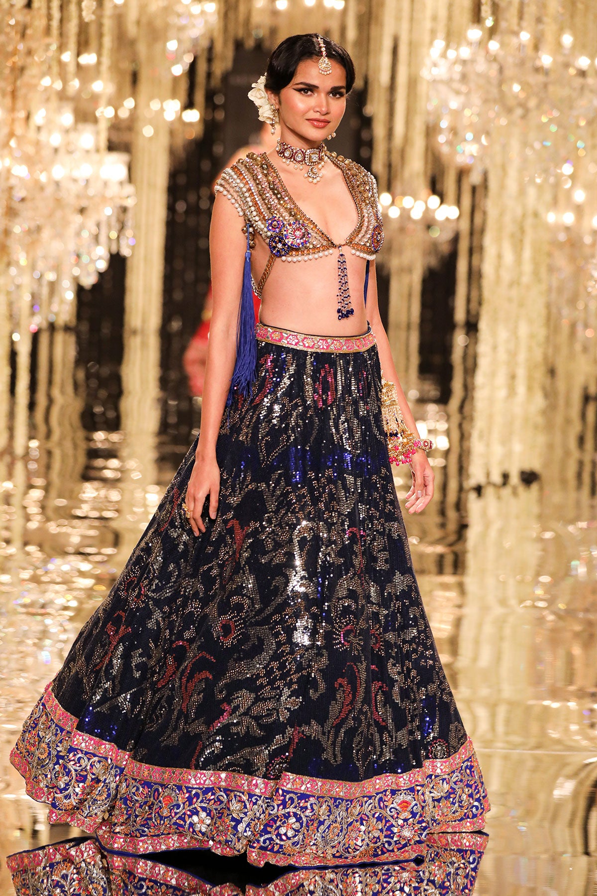Dark Navy and Gold Sheeting Lehenga