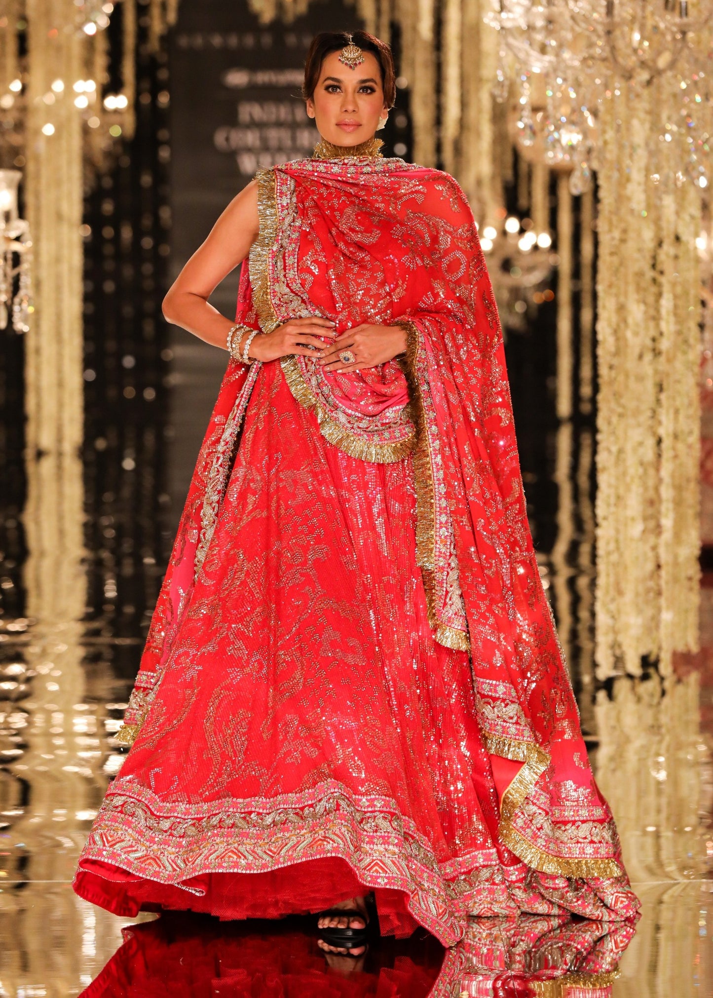 Red and Gold Sheeting Lehenga