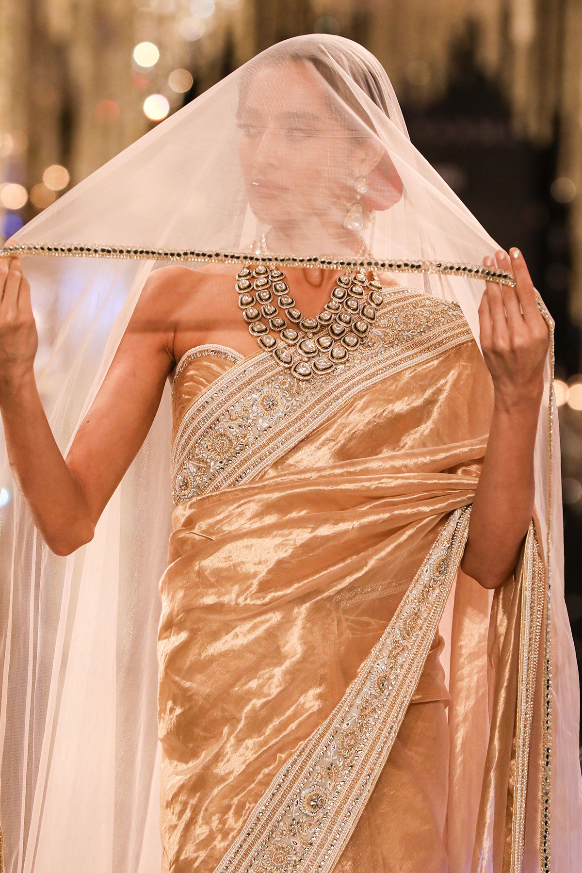 Gold Thread & Crystal Embroidered Tissue Saree