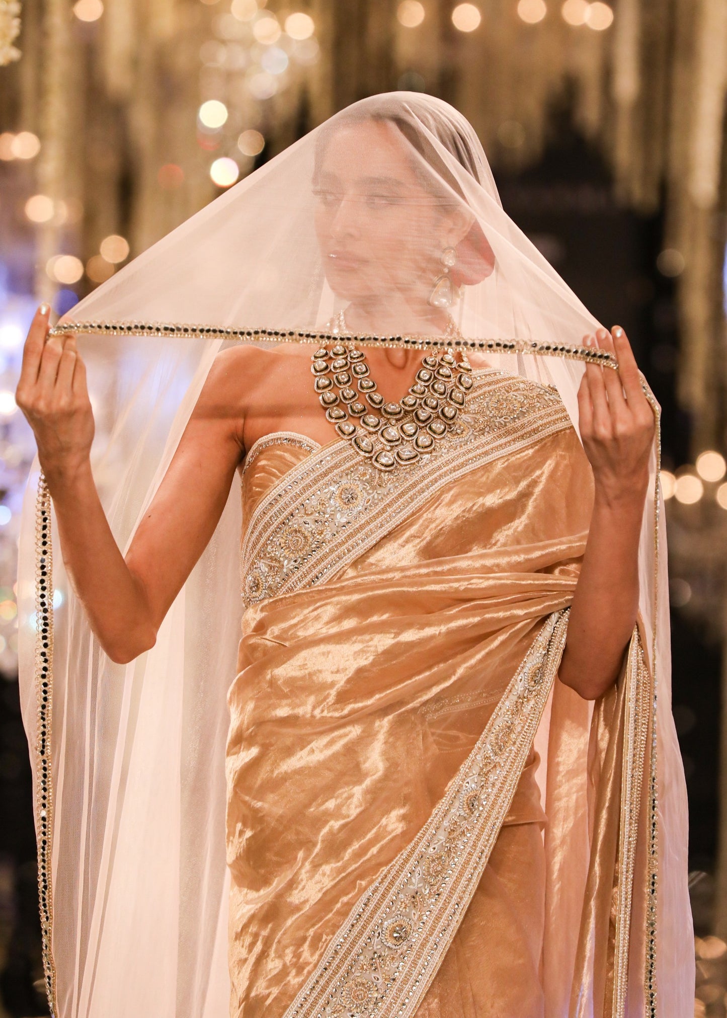 Gold Thread & Crystal Embroidered Tissue Saree