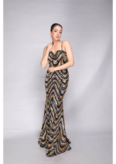 Sequined Chevron Strapless Gown