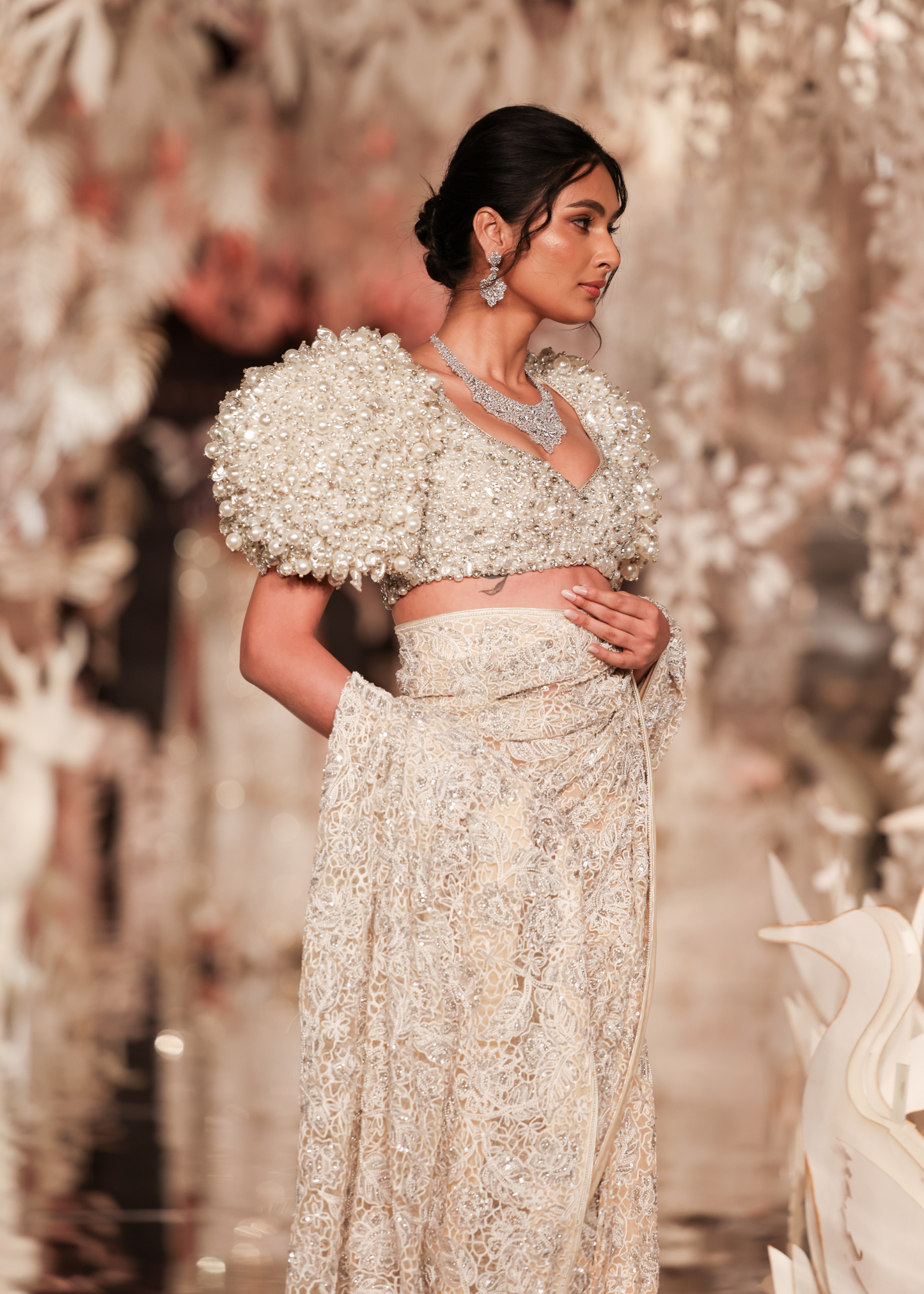 Nude Aari Embroidered Saree with Pearl Detailed Blouse