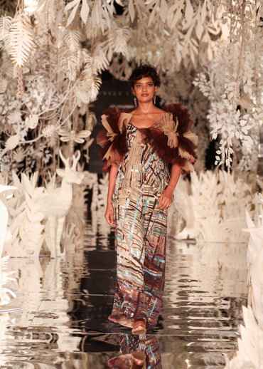 Abstract Printed Jumpsuit with Ruffled Shoulder Detail