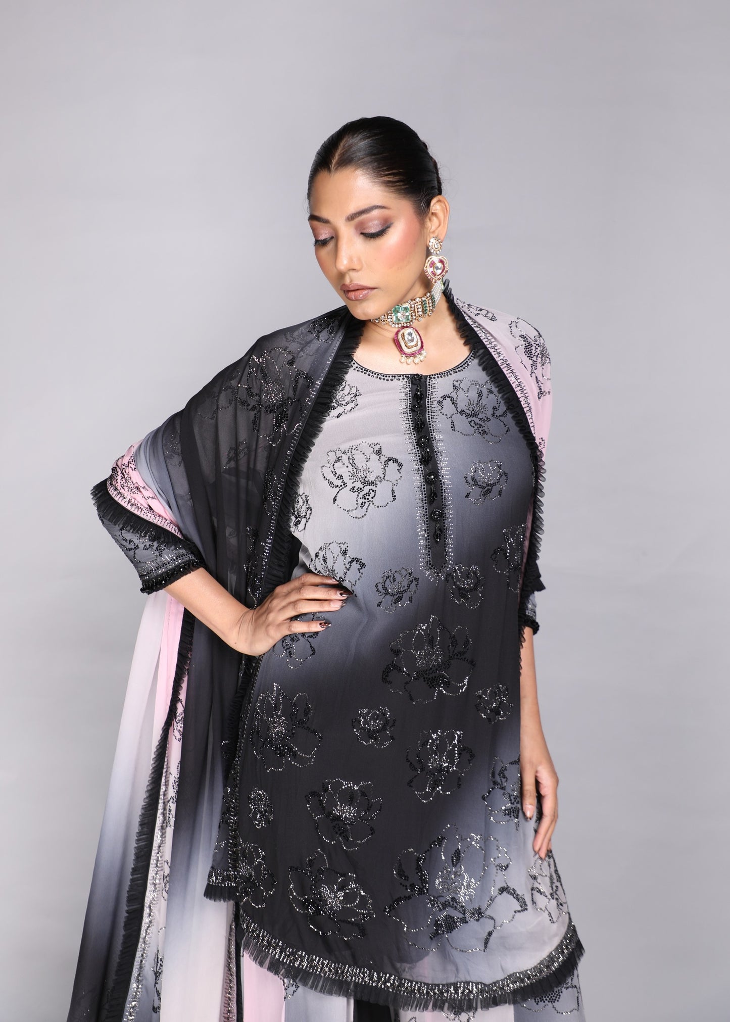 Blush Pink To Charcoal Ombre Kurta