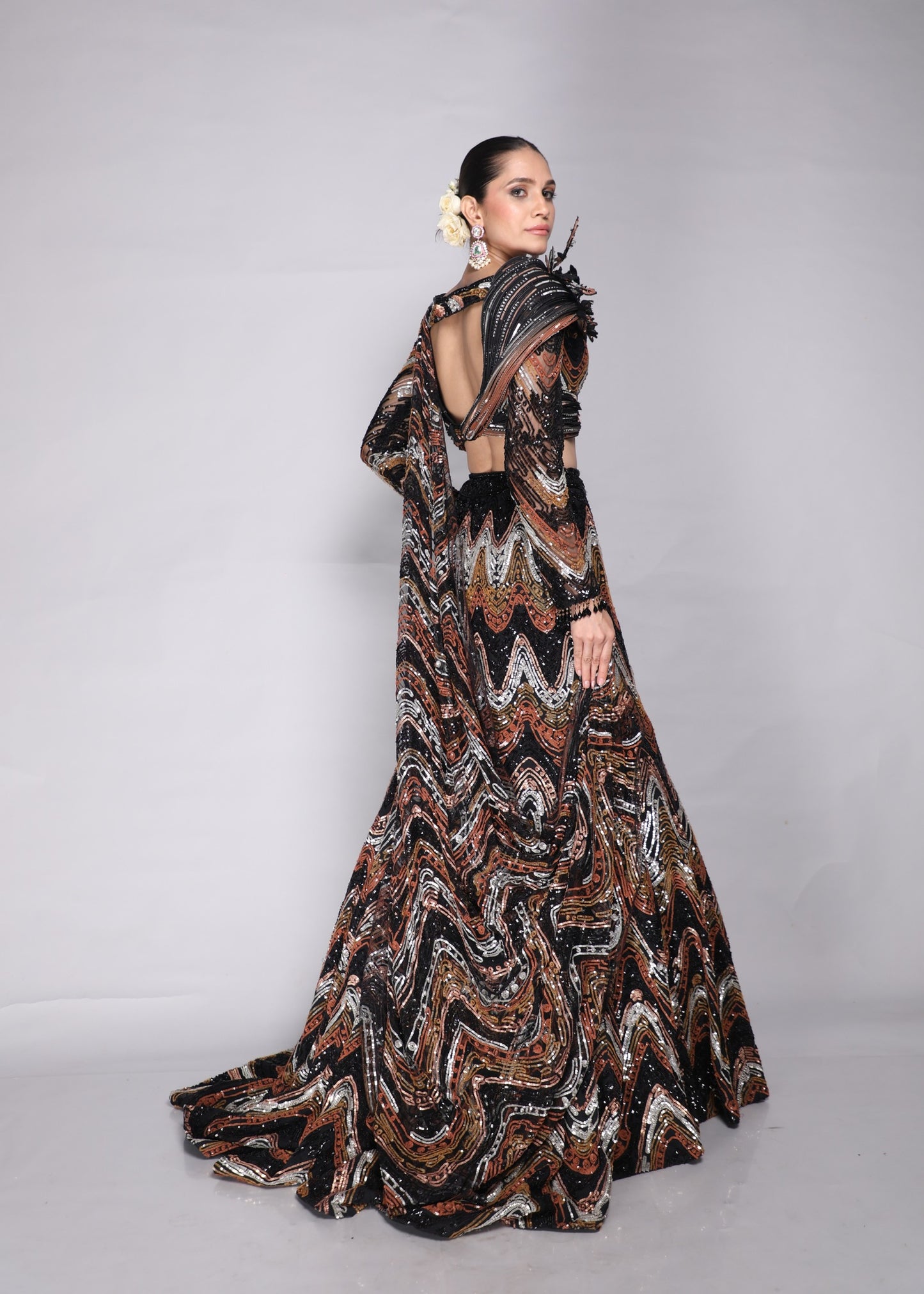 Chevron Sequins Lehenga with Blouse and Cascades