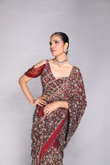 Deep Red Embellished Saree With Embroidered Blouse