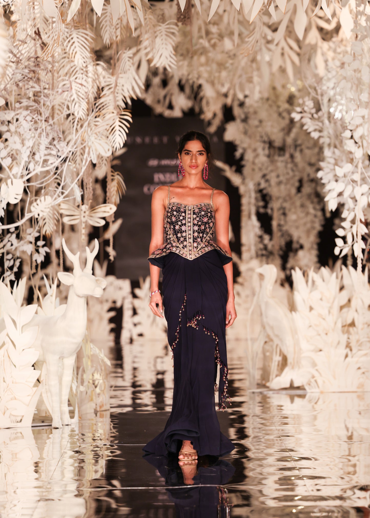 Corset-Style Peplum Top and Navy Pre-Draped Saree