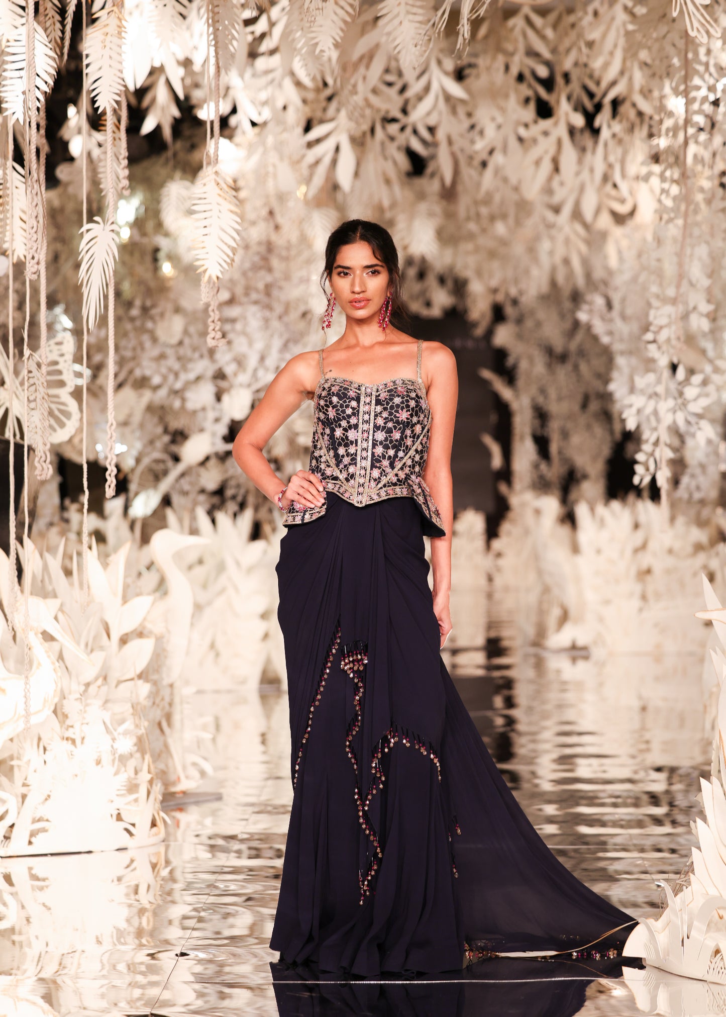 Corset-Style Peplum Top and Navy Pre-Draped Saree