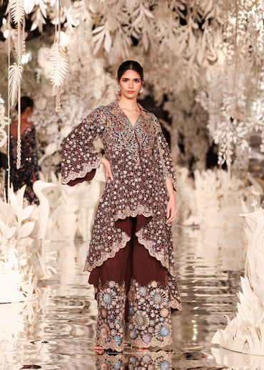 High-Low Embroidered Jacket with Trousers