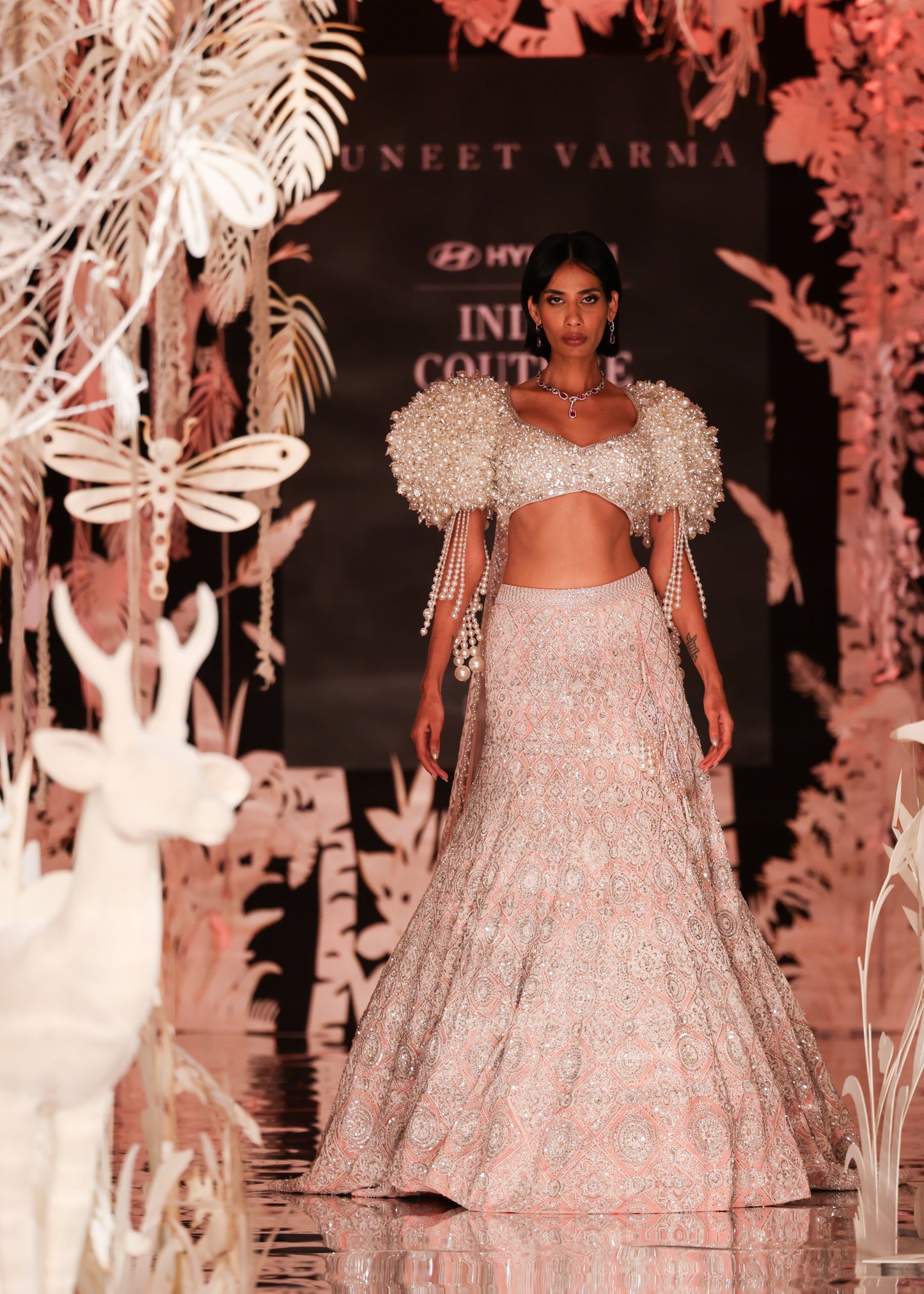 Pearl-Detailed Crop Top with Pink Sequin Lehenga