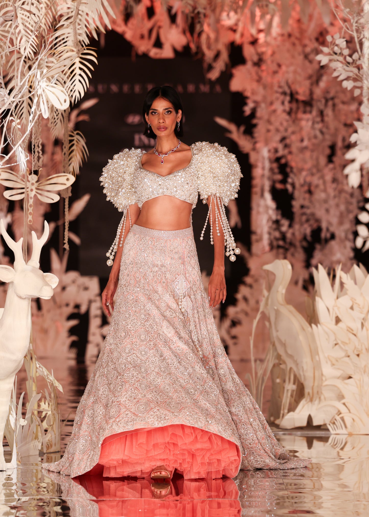 Pearl-Detailed Crop Top with Pink Sequin Lehenga