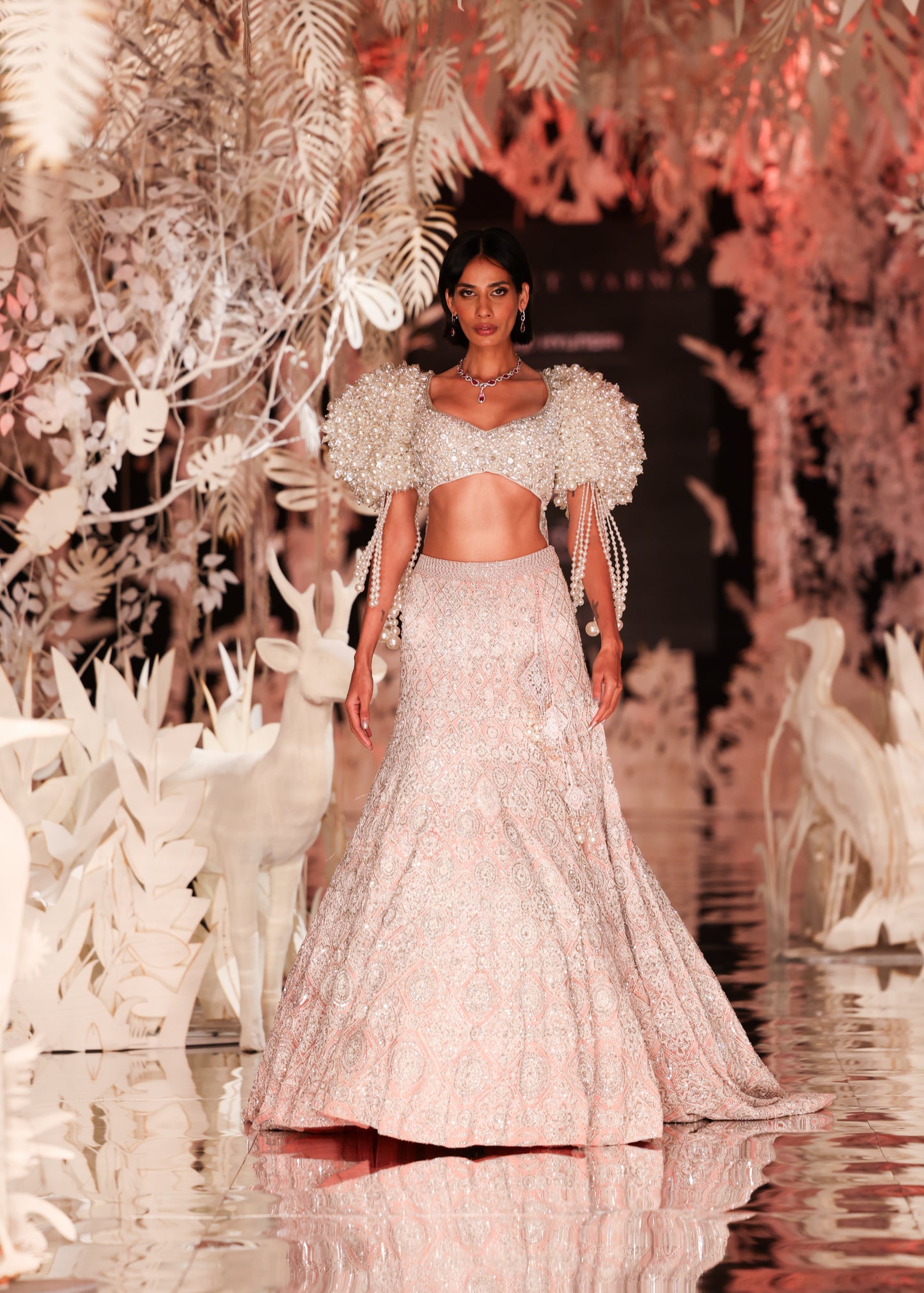 Pearl-Detailed Crop Top with Pink Sequin Lehenga