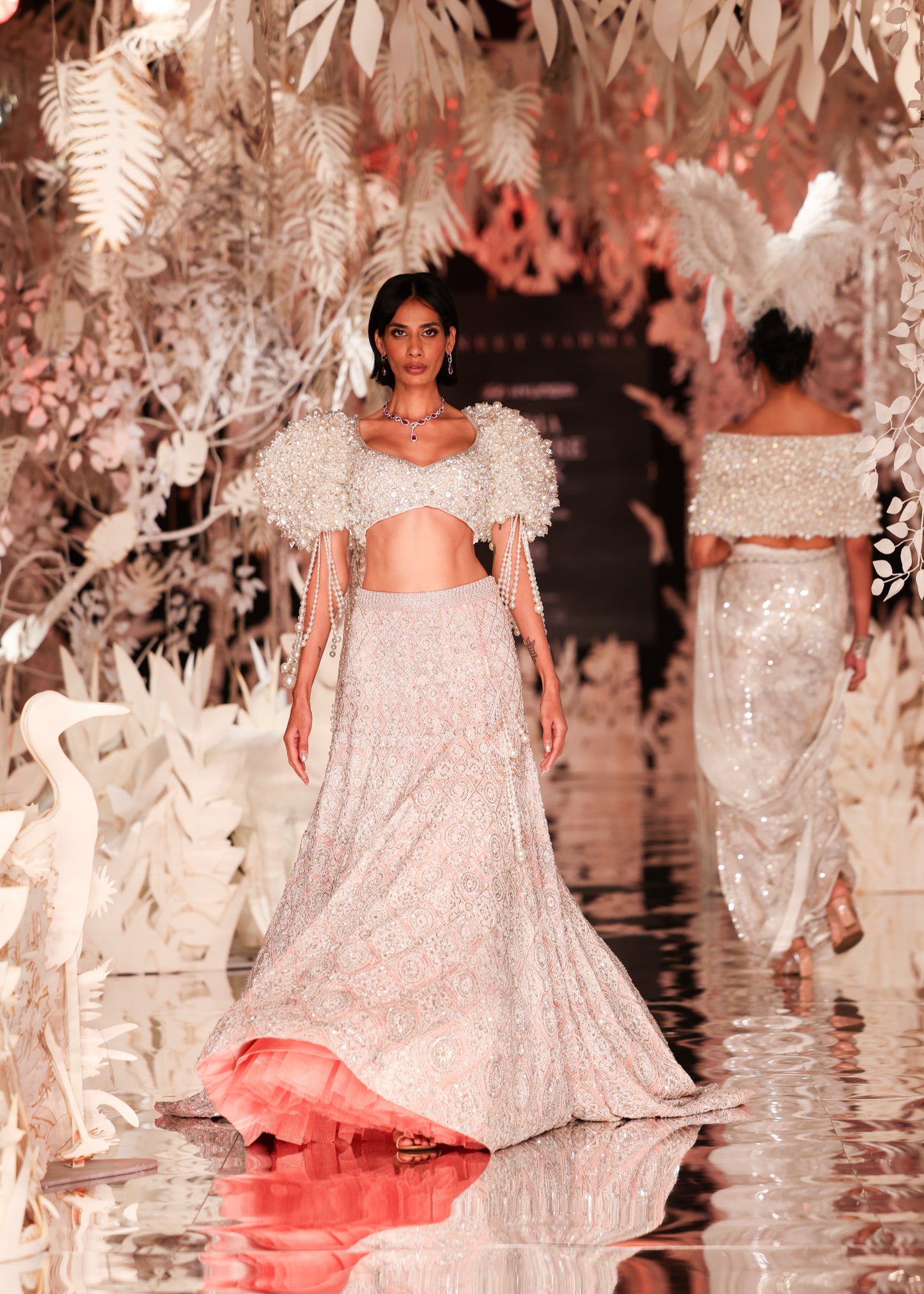 Pearl-Detailed Crop Top with Pink Sequin Lehenga