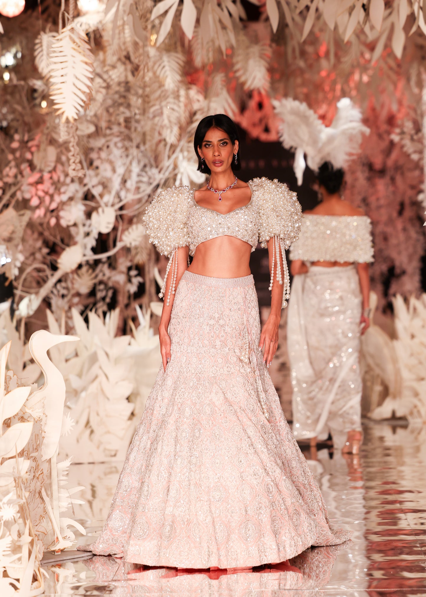 Pearl-Detailed Crop Top with Pink Sequin Lehenga