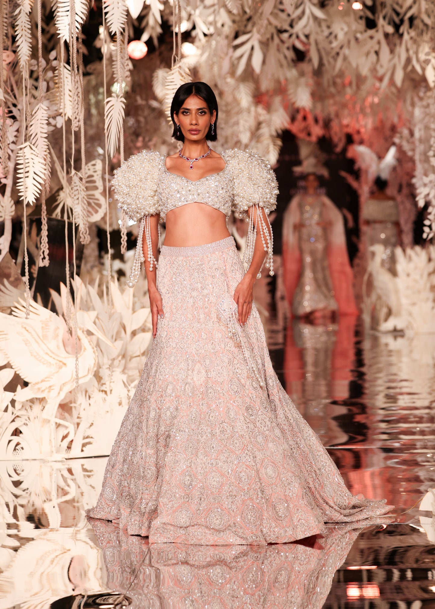 Pearl-Detailed Crop Top with Pink Sequin Lehenga
