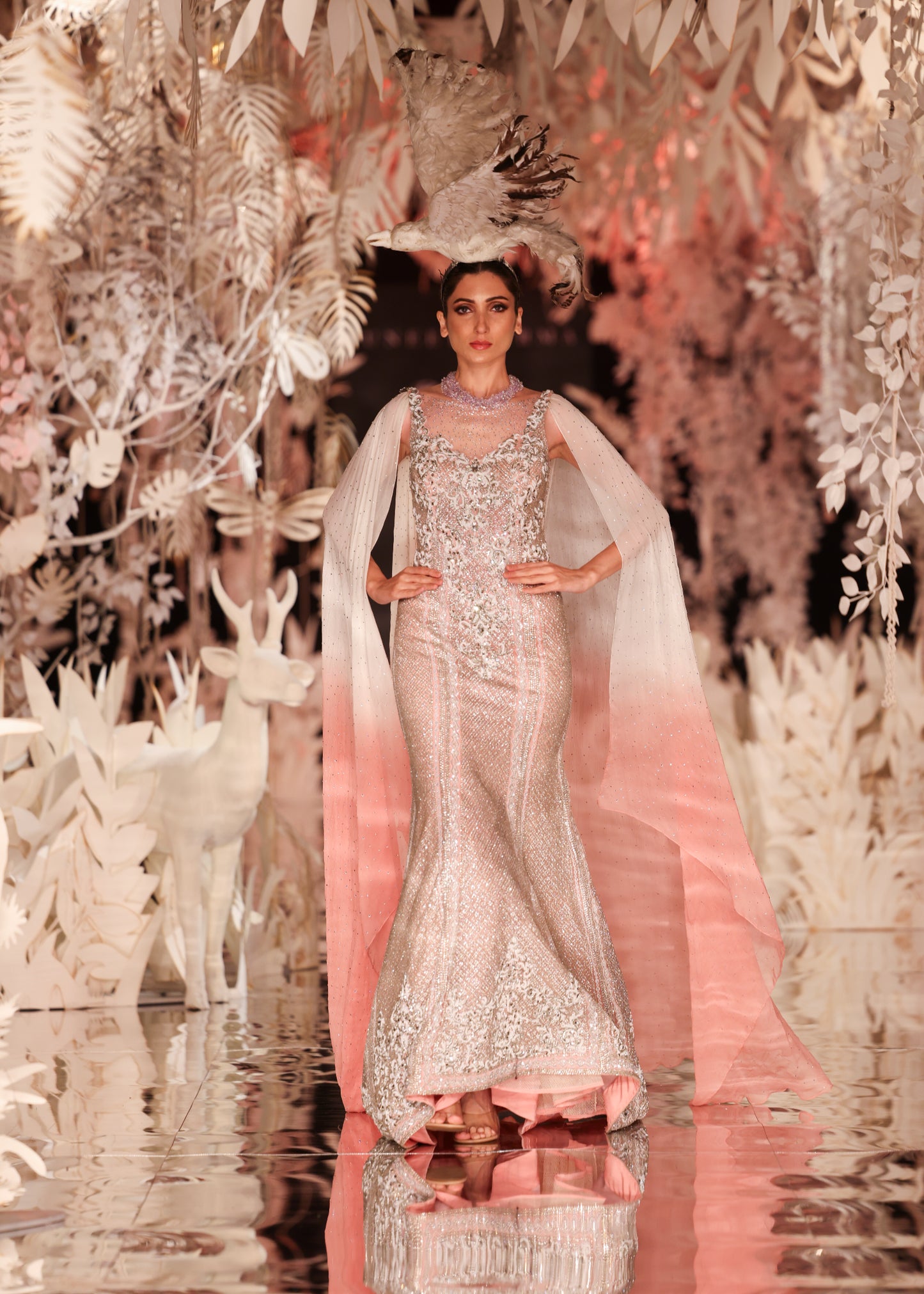 Ombre Cape Gown with Crystal Embellished Bodice