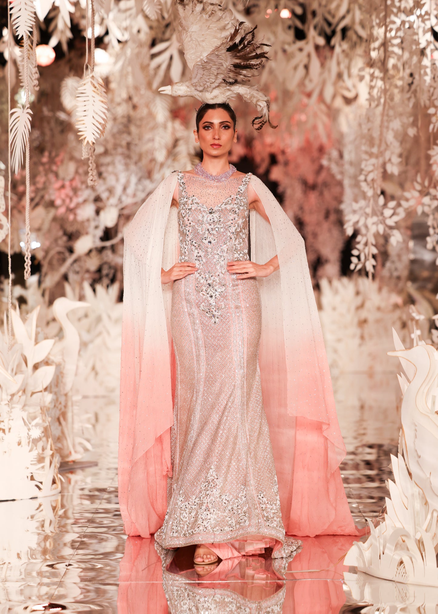 Ombre Cape Gown with Crystal Embellished Bodice