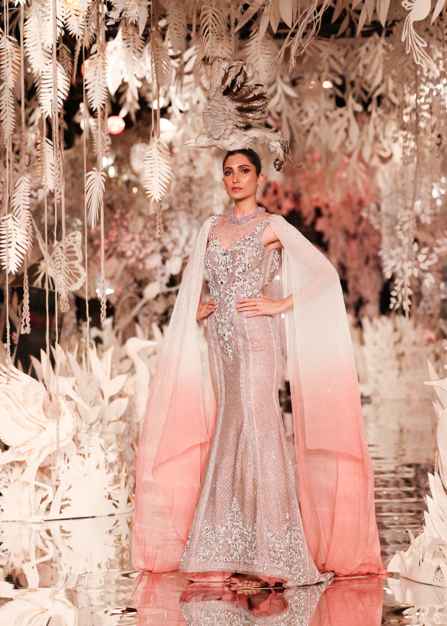 Ombre Cape Gown with Crystal Embellished Bodice