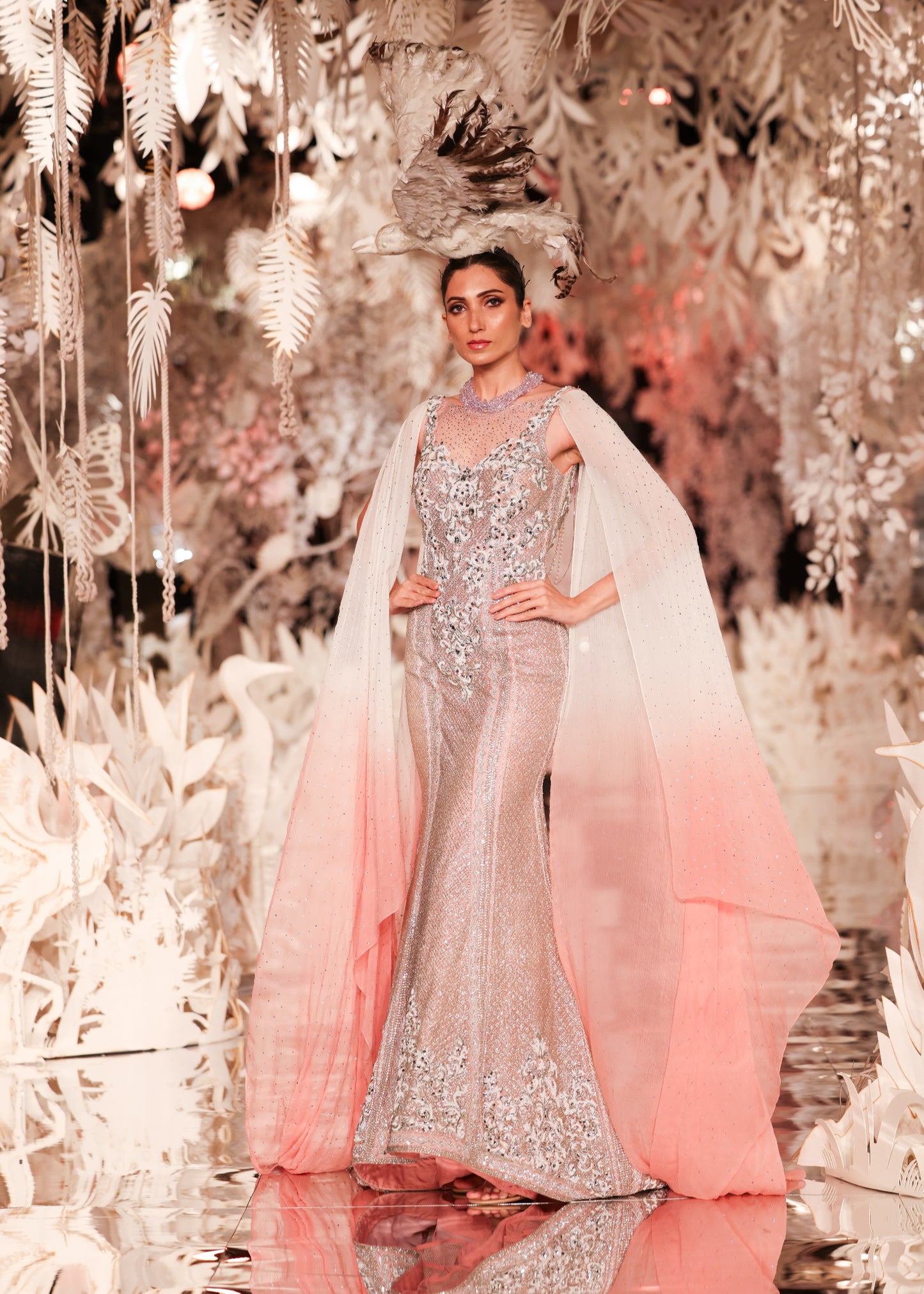 Ombre Cape Gown with Crystal Embellished Bodice