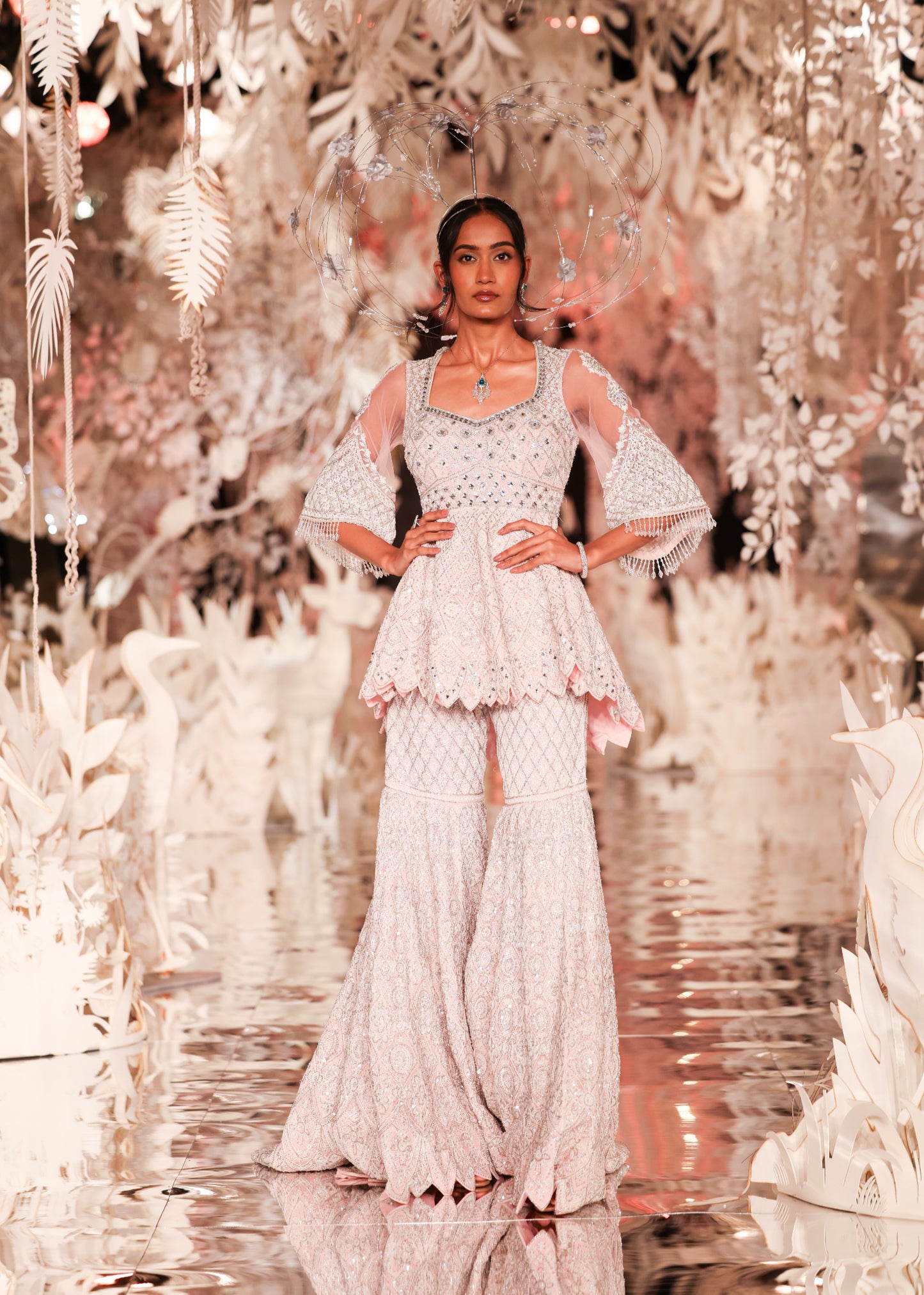 Peplum Kurta with Geometric Embroidery and Flared Skirt