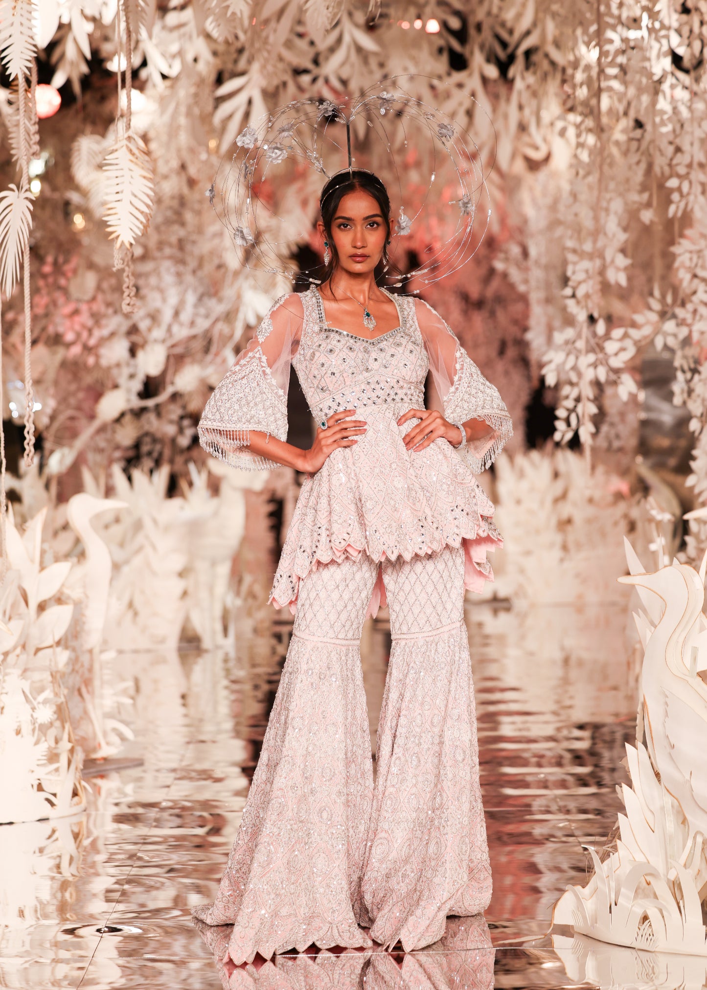 Peplum Kurta with Geometric Embroidery and Flared Skirt