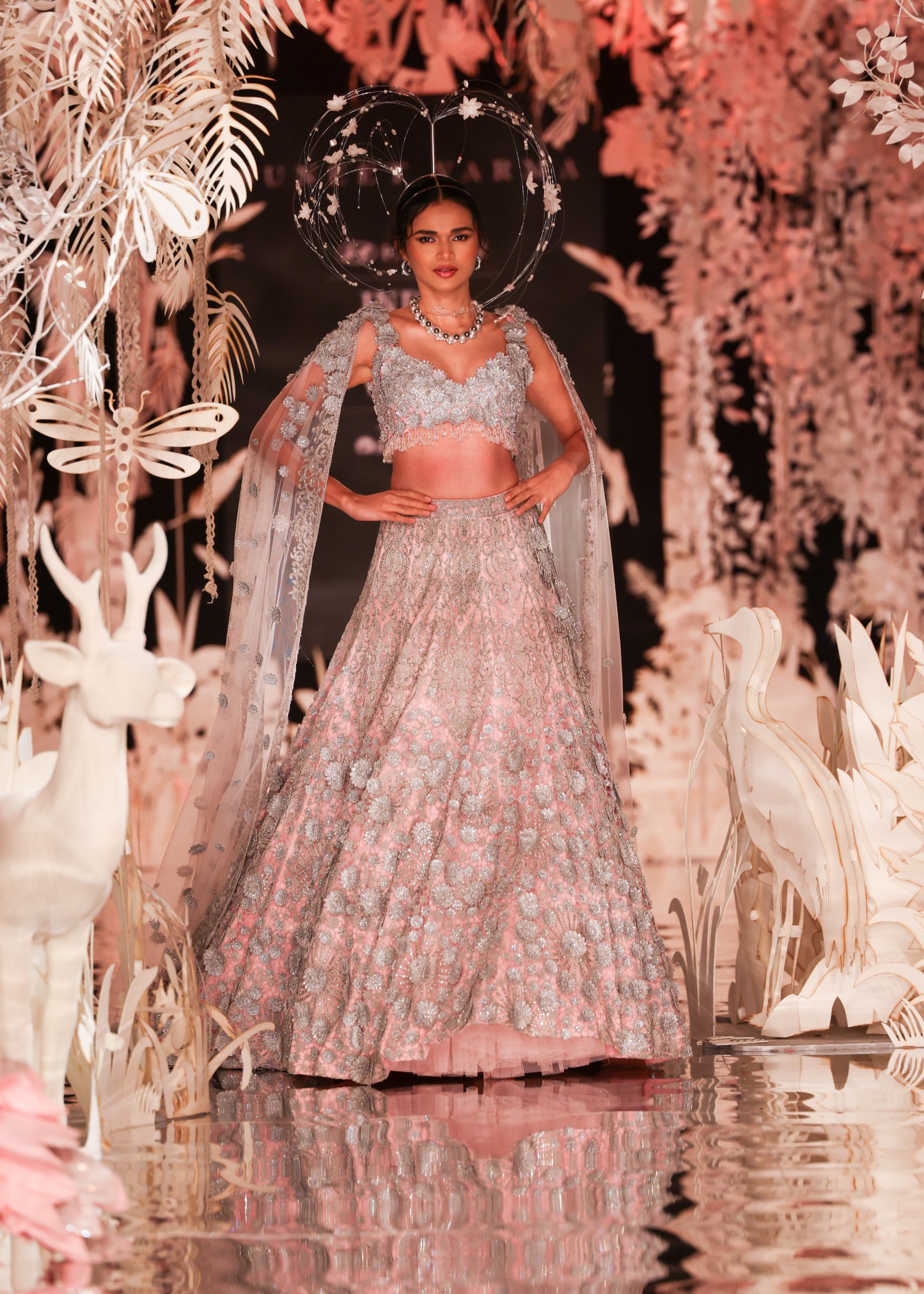 High-Neck Crop Top and Embroidered Lehenga with Beaded Cape