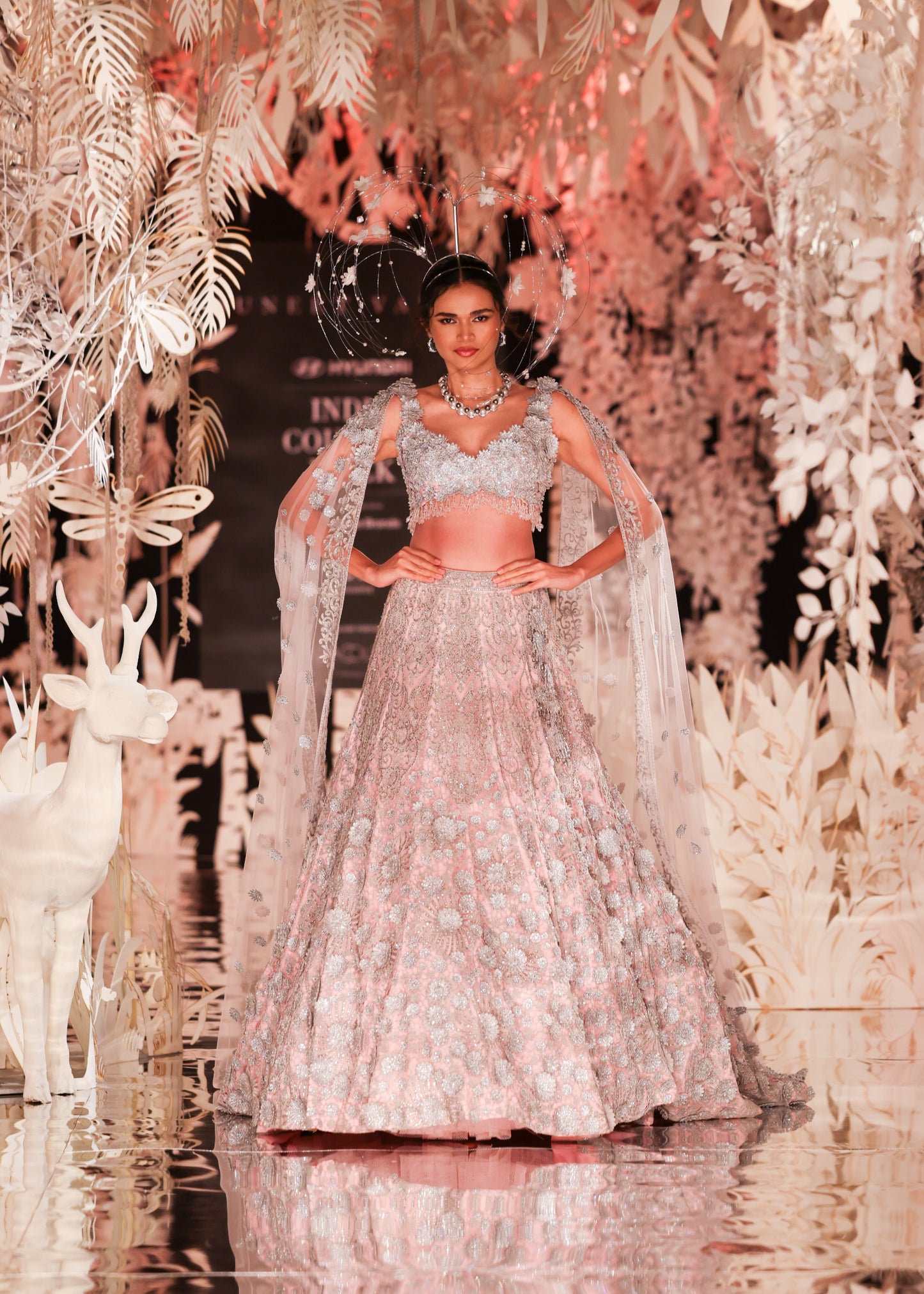 High-Neck Crop Top and Embroidered Lehenga with Beaded Cape
