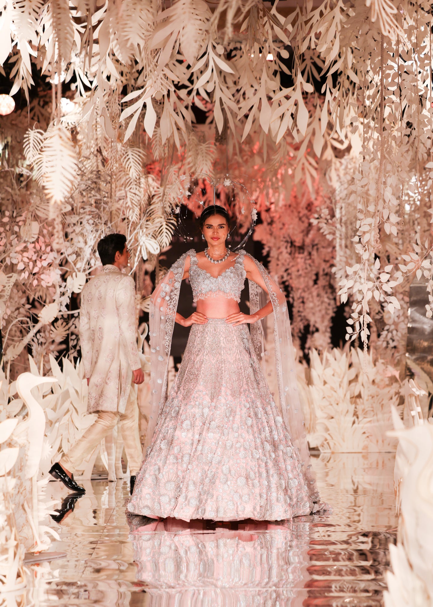 High-Neck Crop Top and Embroidered Lehenga with Beaded Cape