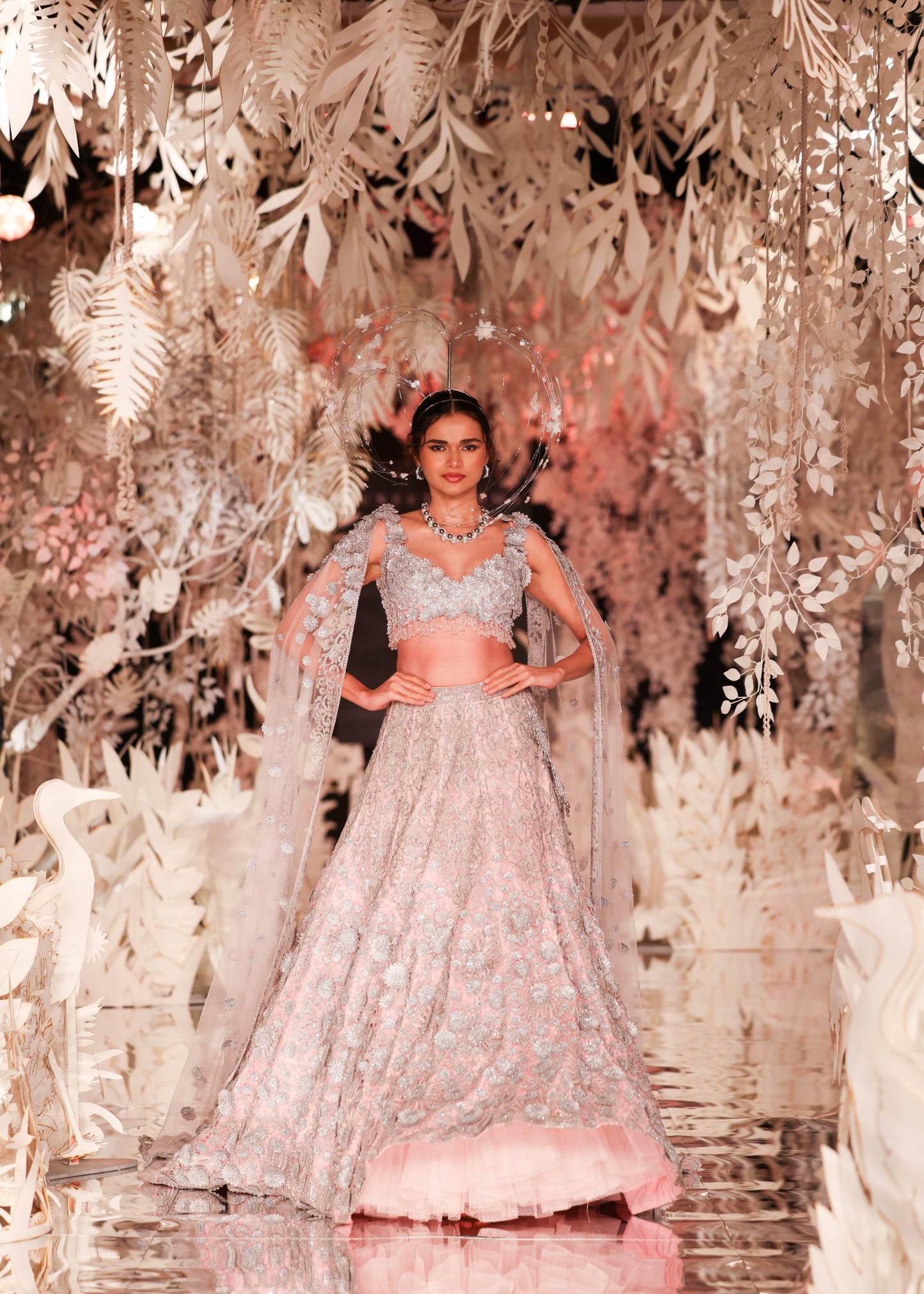 High-Neck Crop Top and Embroidered Lehenga with Beaded Cape