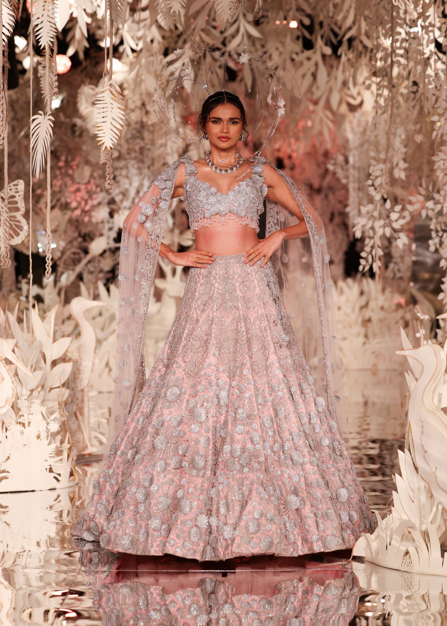 High-Neck Crop Top and Embroidered Lehenga with Beaded Cape