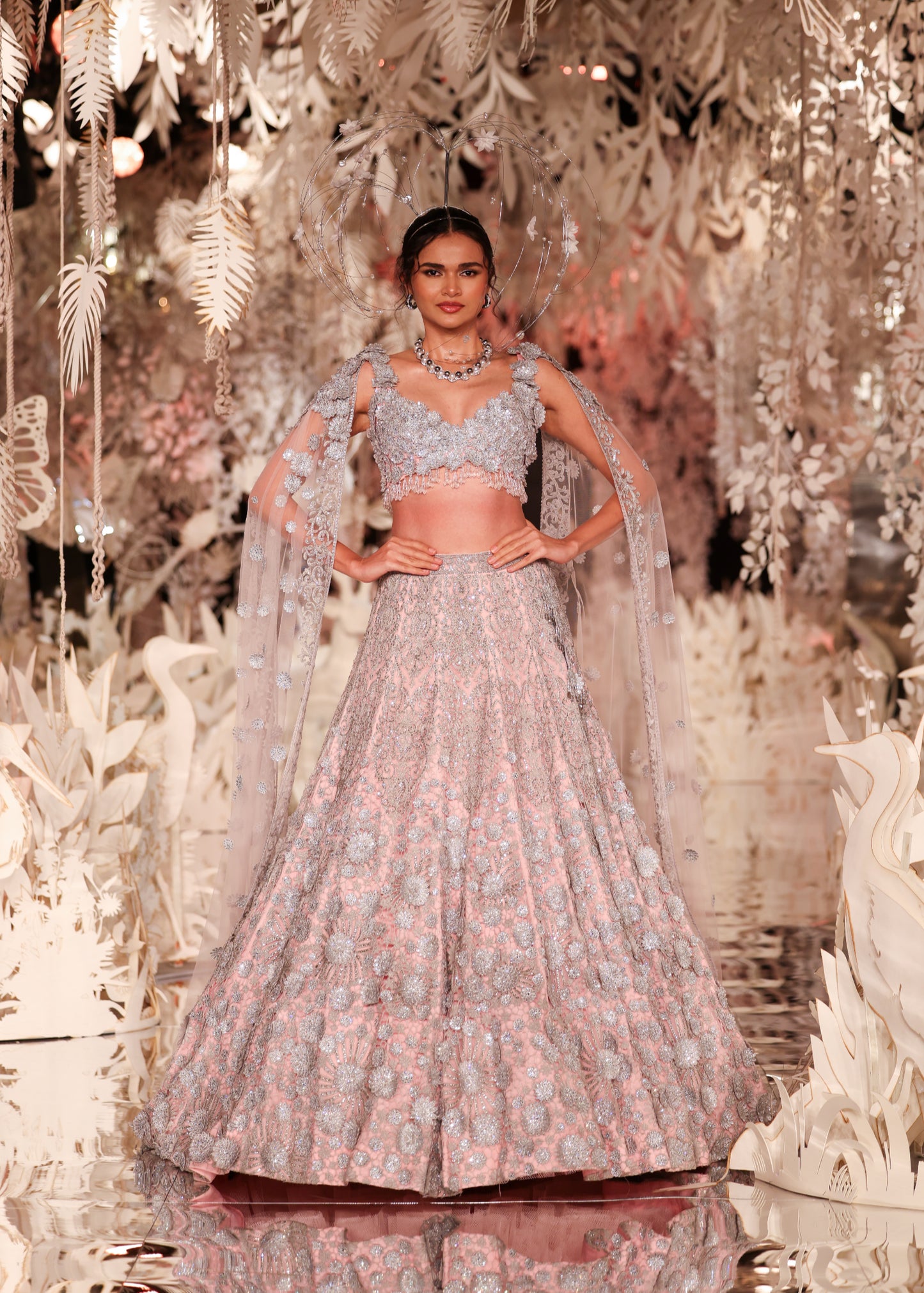 High-Neck Crop Top and Embroidered Lehenga with Beaded Cape