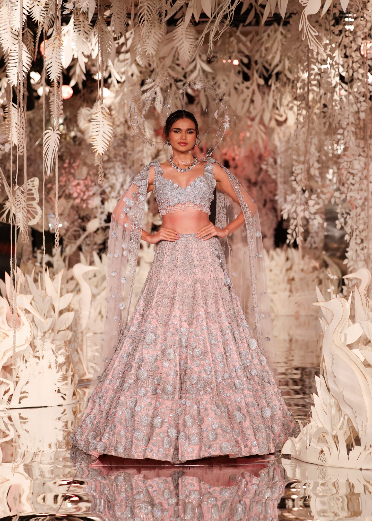 High-Neck Crop Top and Embroidered Lehenga with Beaded Cape