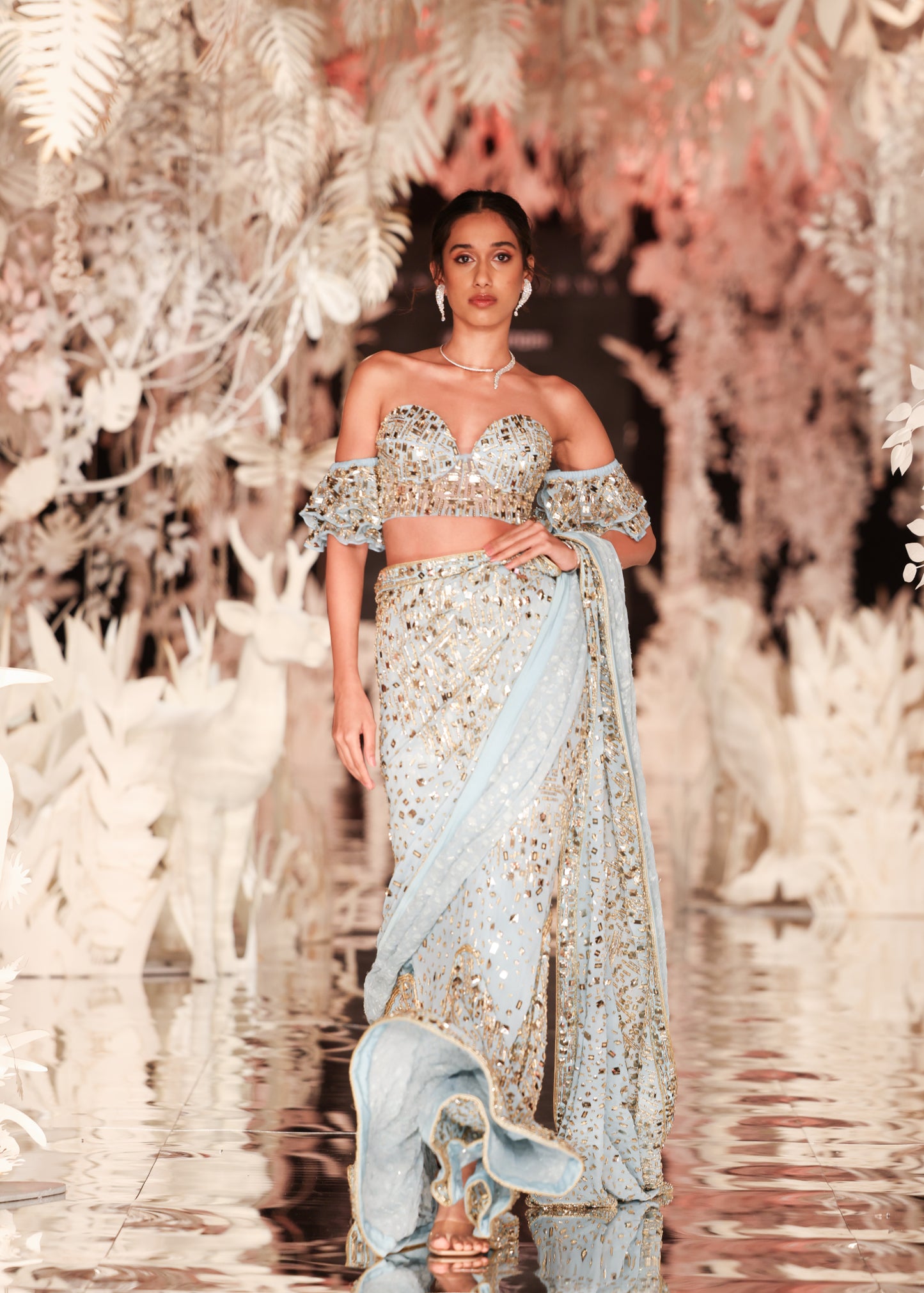 Sky Blue Sequin Pre-Draped Saree with Off-Shoulder Blouse