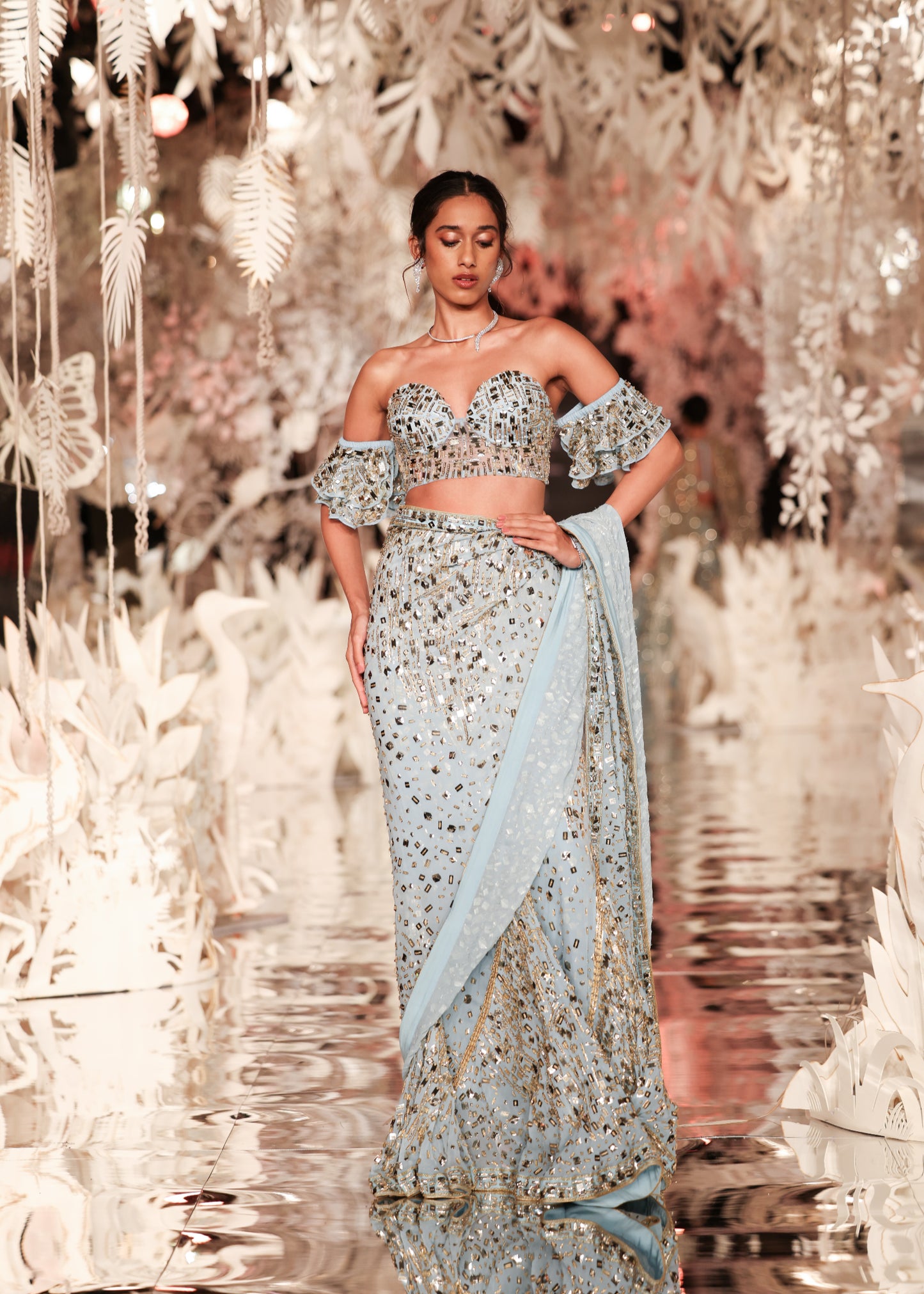 Sky Blue Sequin Pre-Draped Saree with Off-Shoulder Blouse
