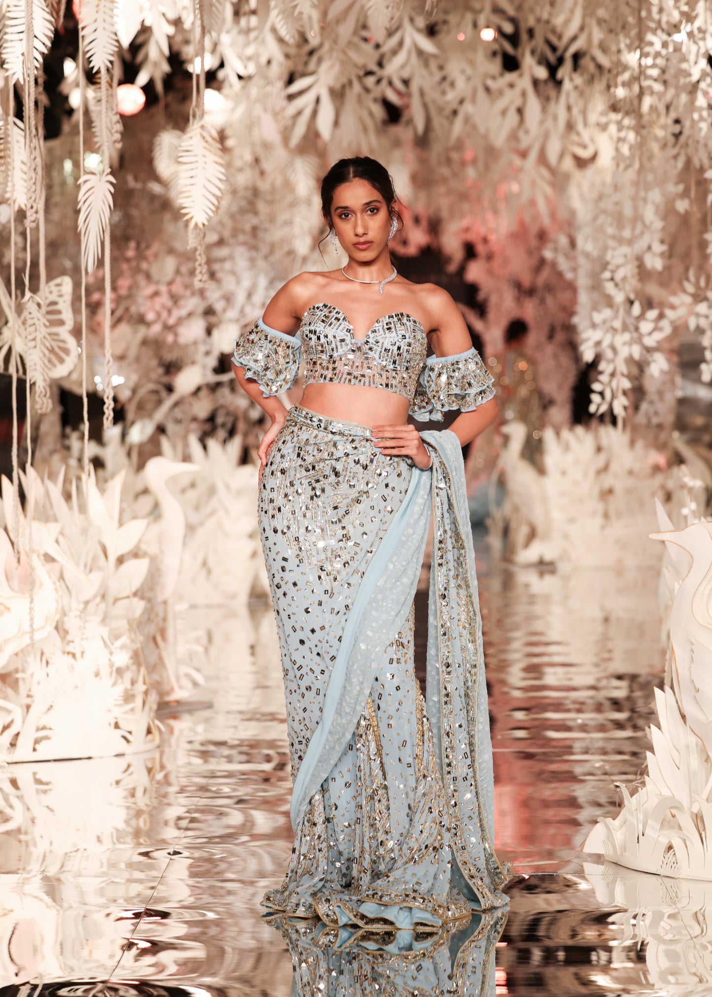Sky Blue Sequin Pre-Draped Saree with Off-Shoulder Blouse