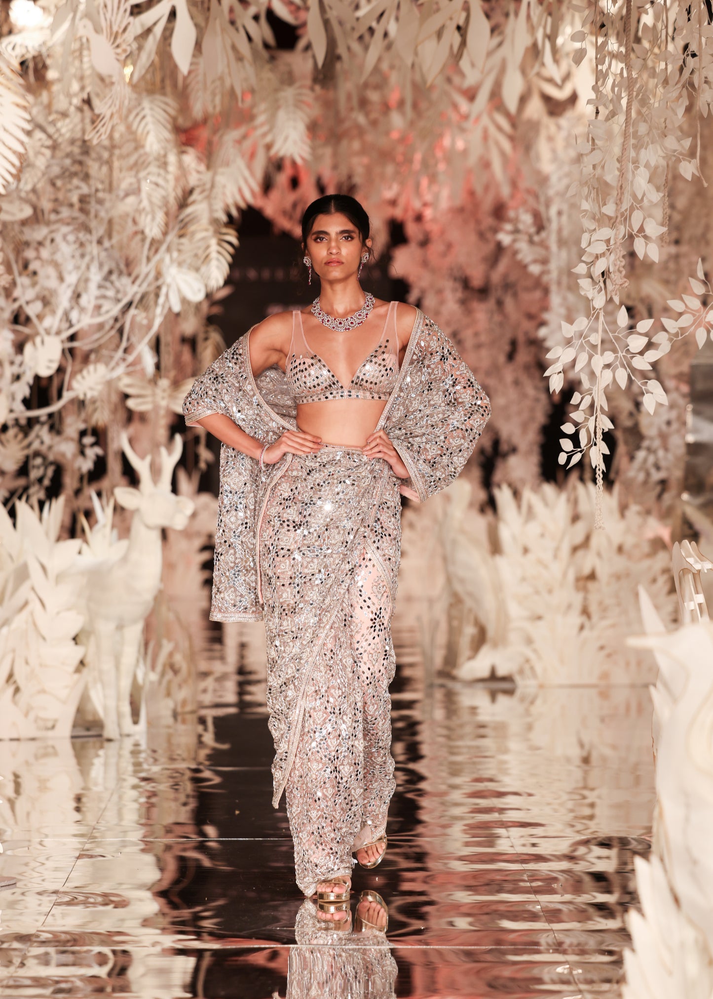Blush Pink Mirror Work Pre-Draped Saree with Blouse