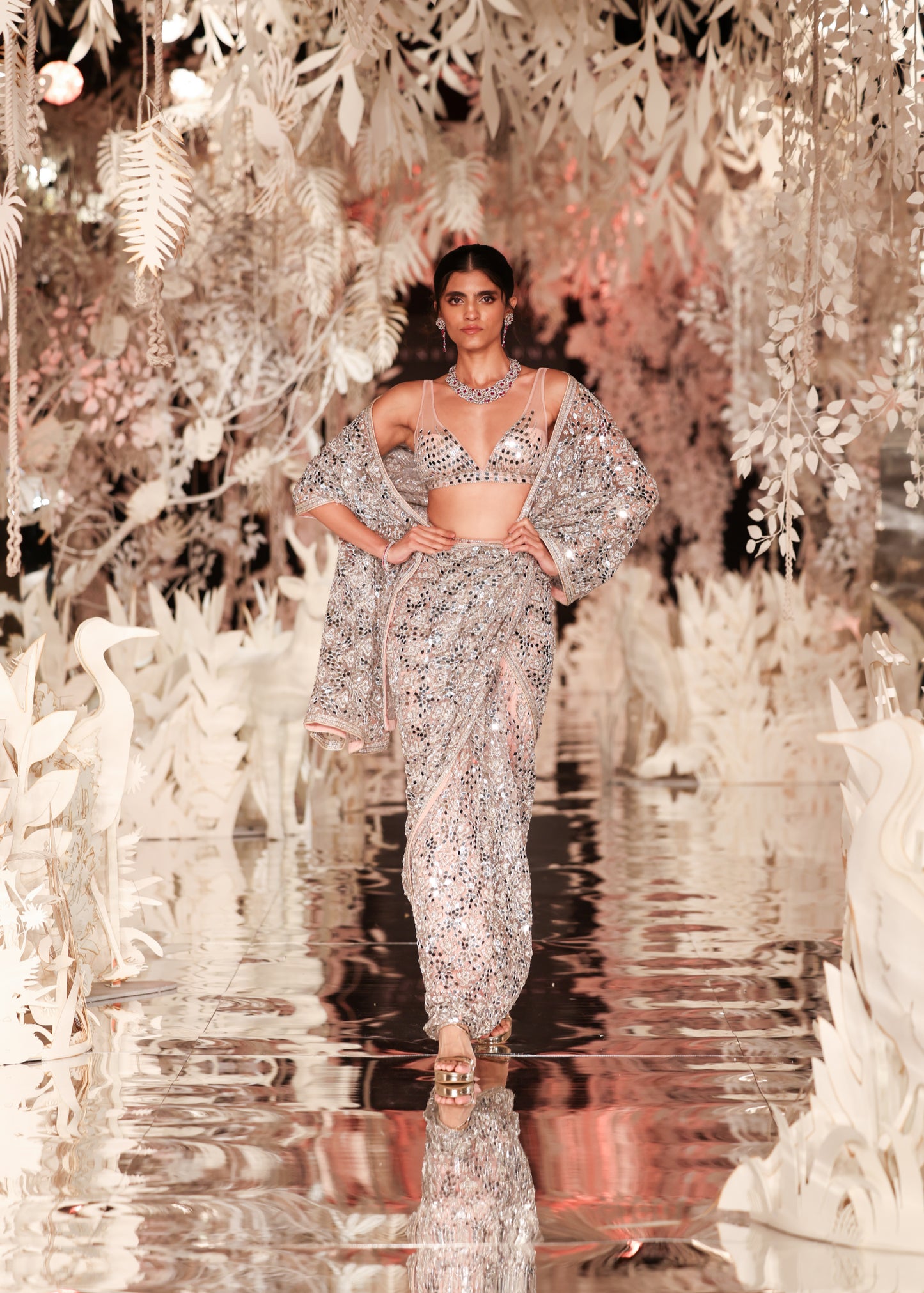 Blush Pink Mirror Work Pre-Draped Saree with Blouse