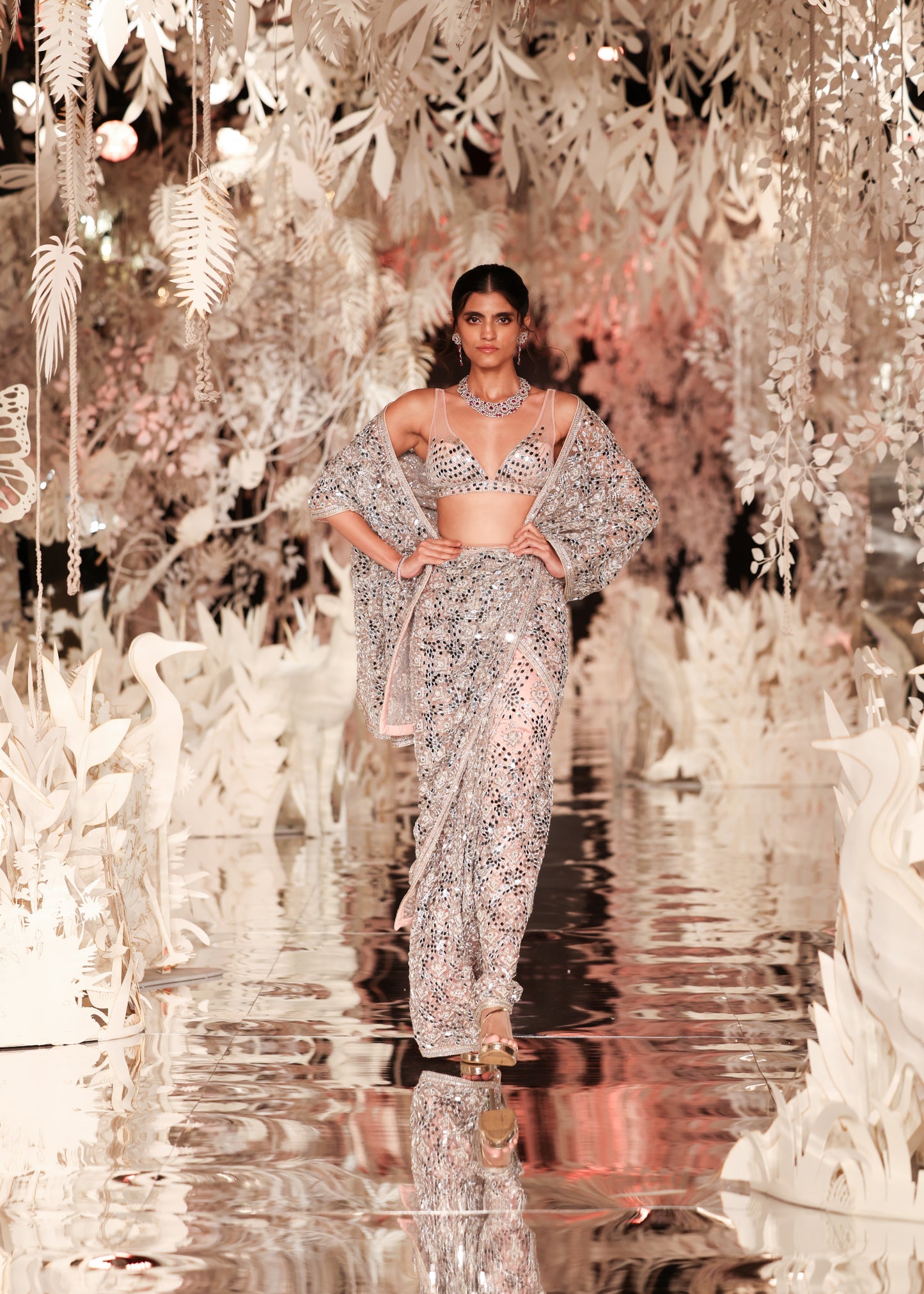 Blush Pink Mirror Work Pre-Draped Saree with Blouse