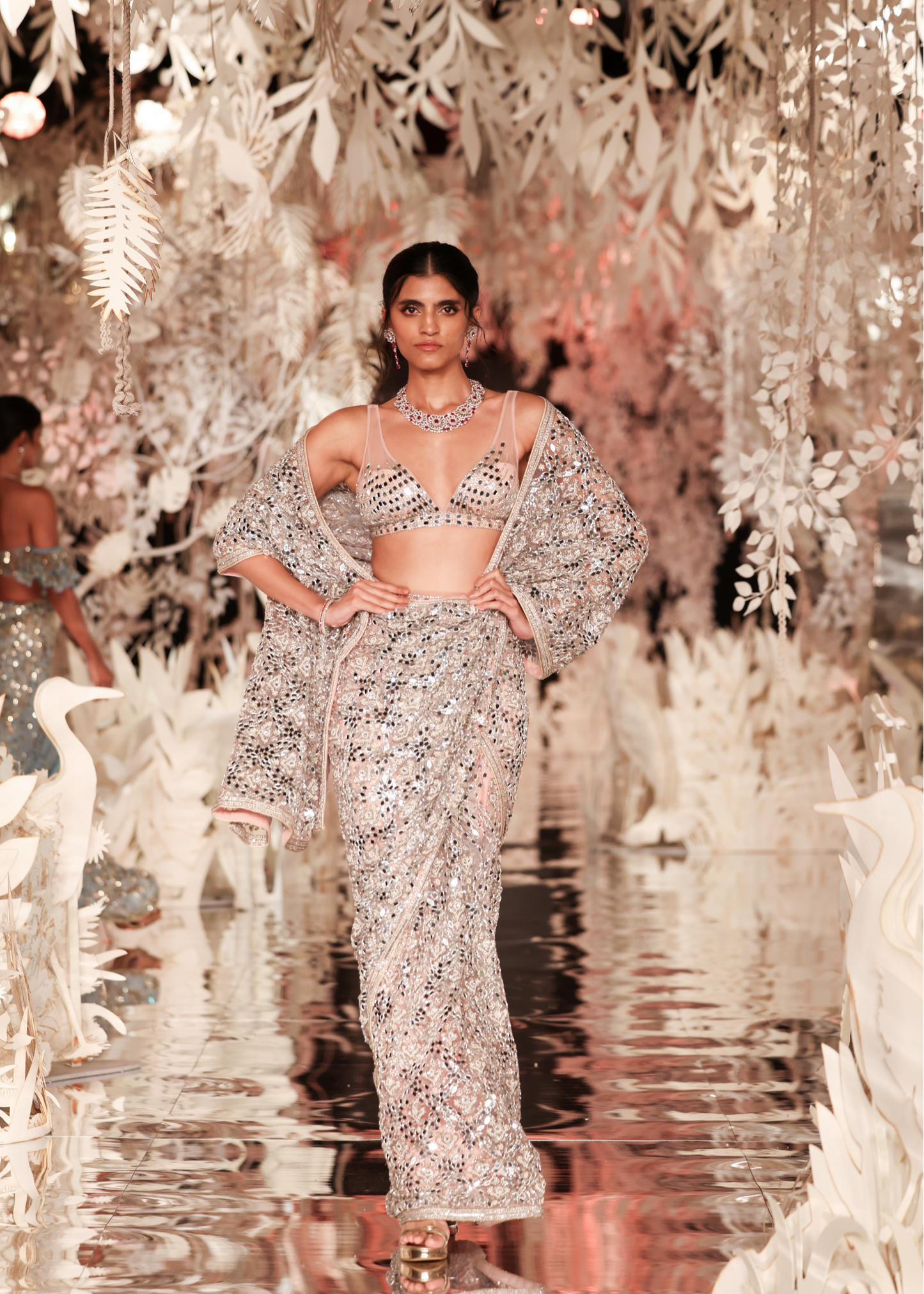 Blush Pink Mirror Work Pre-Draped Saree with Blouse