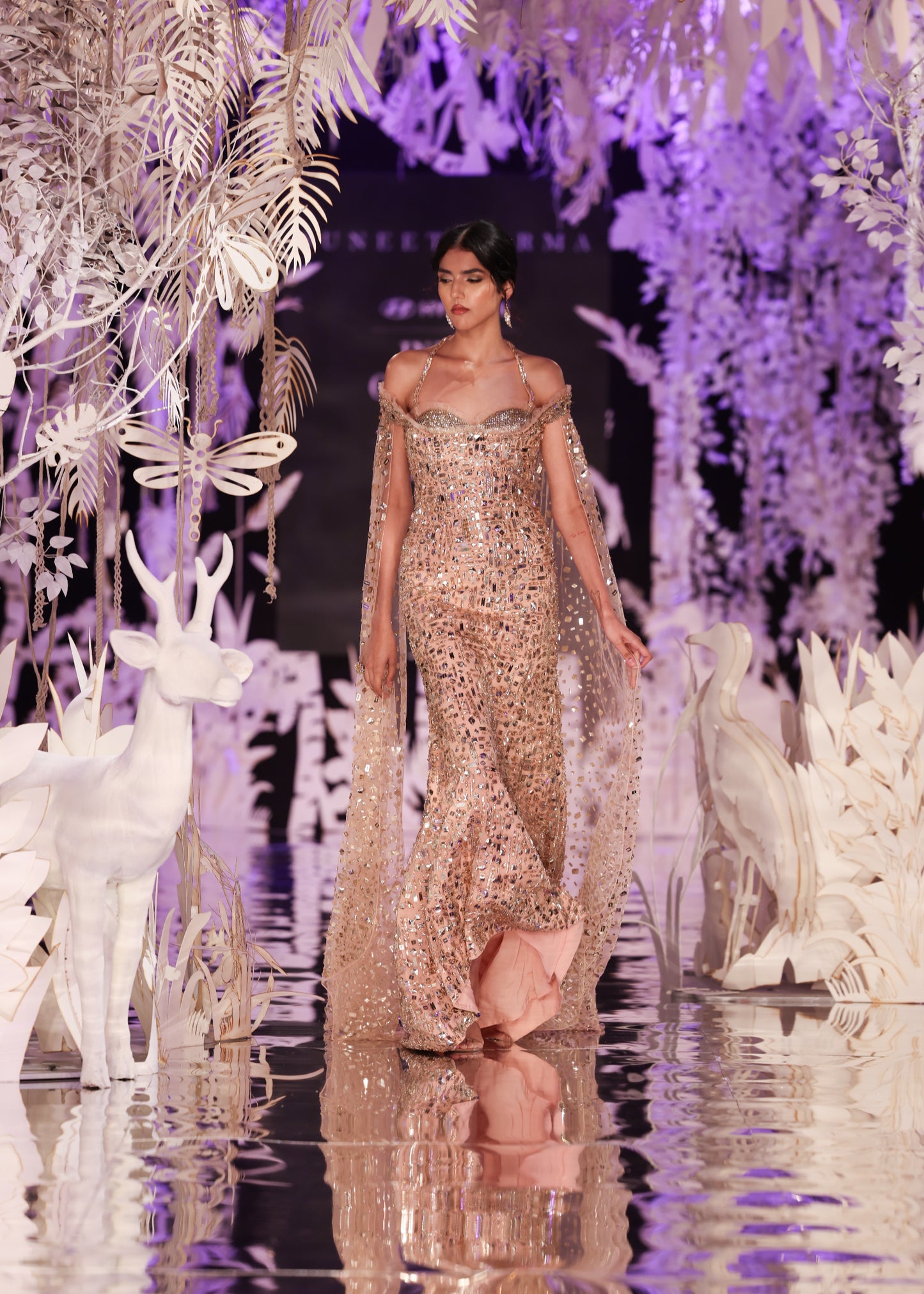 Crystal Embellished Sheath Gown with Cape Sleeves